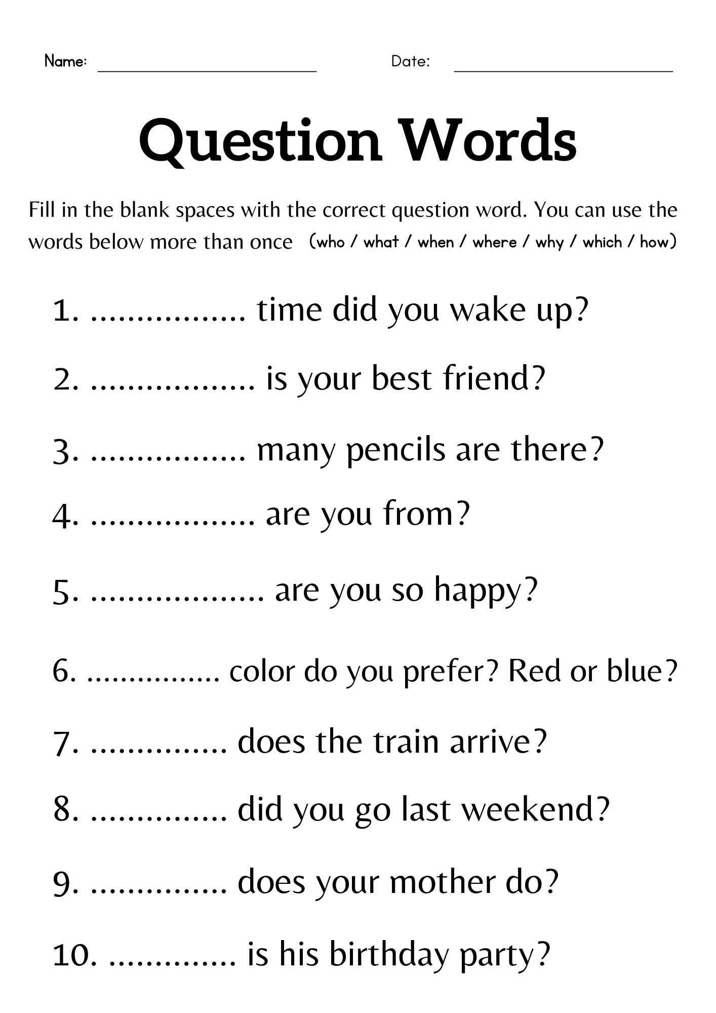 Question Words Worksheet For Grade 1 Or 2 Wh Questions Exercises For Kids Made By Teachers