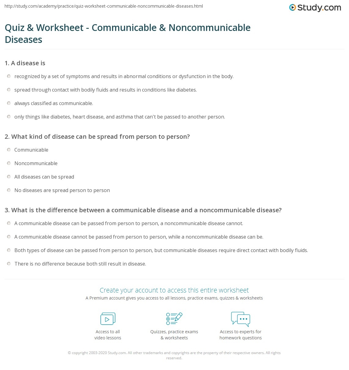 Quiz Worksheet Communicable Noncommunicable Diseases Study