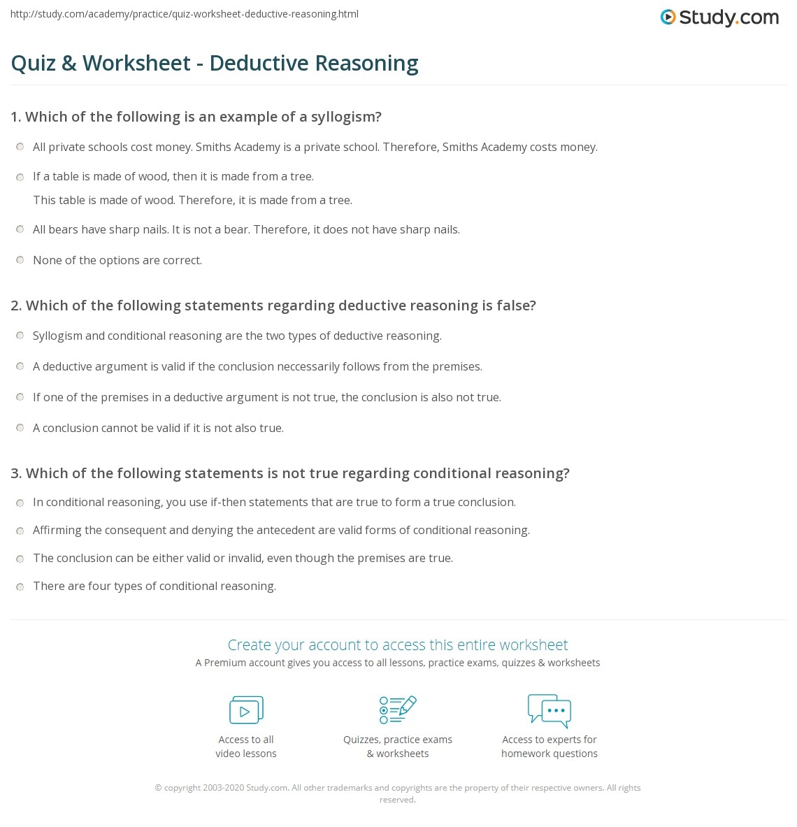 Quiz Worksheet Deductive Reasoning Study