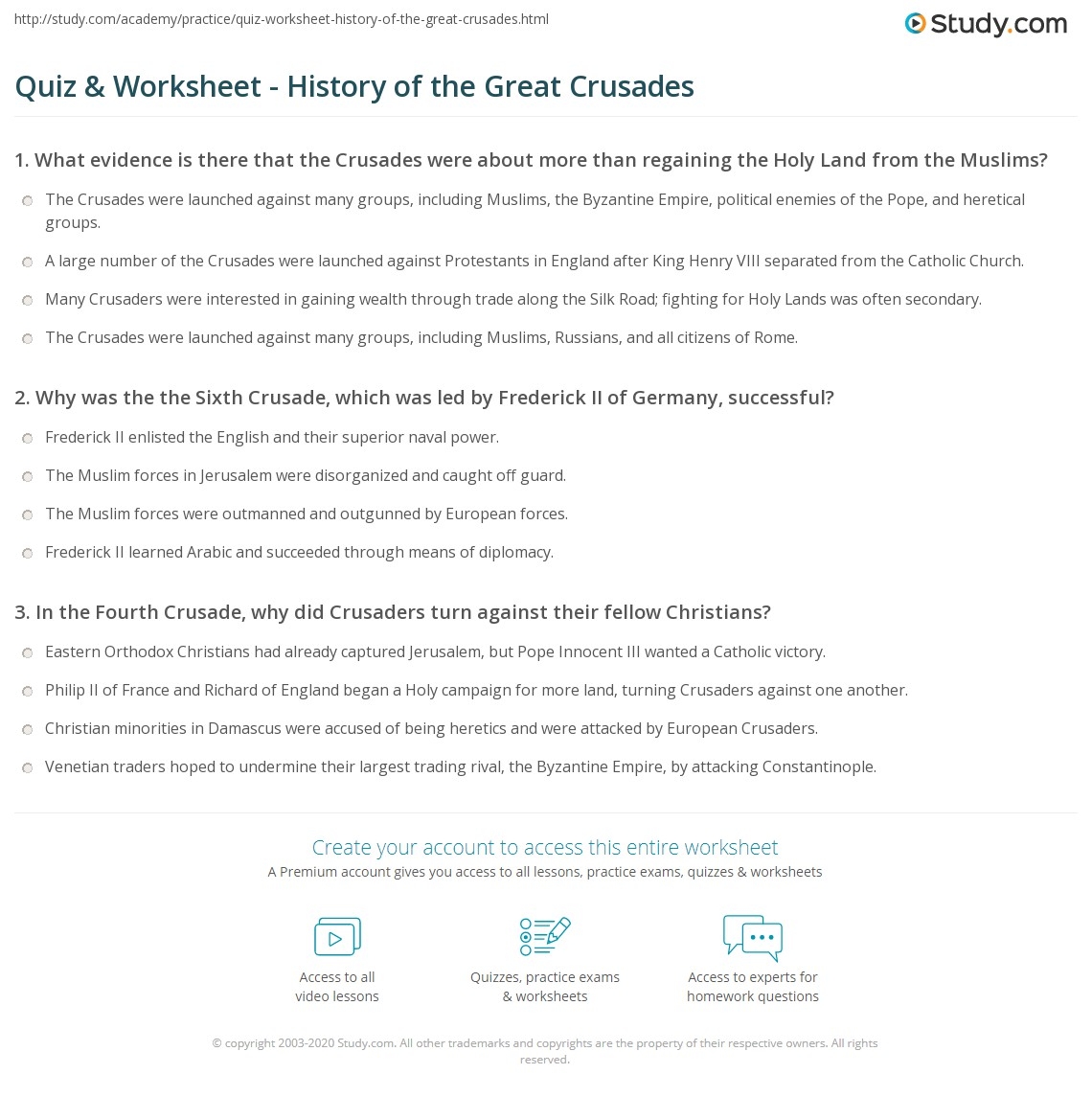 Quiz Worksheet History Of The Great Crusades Study