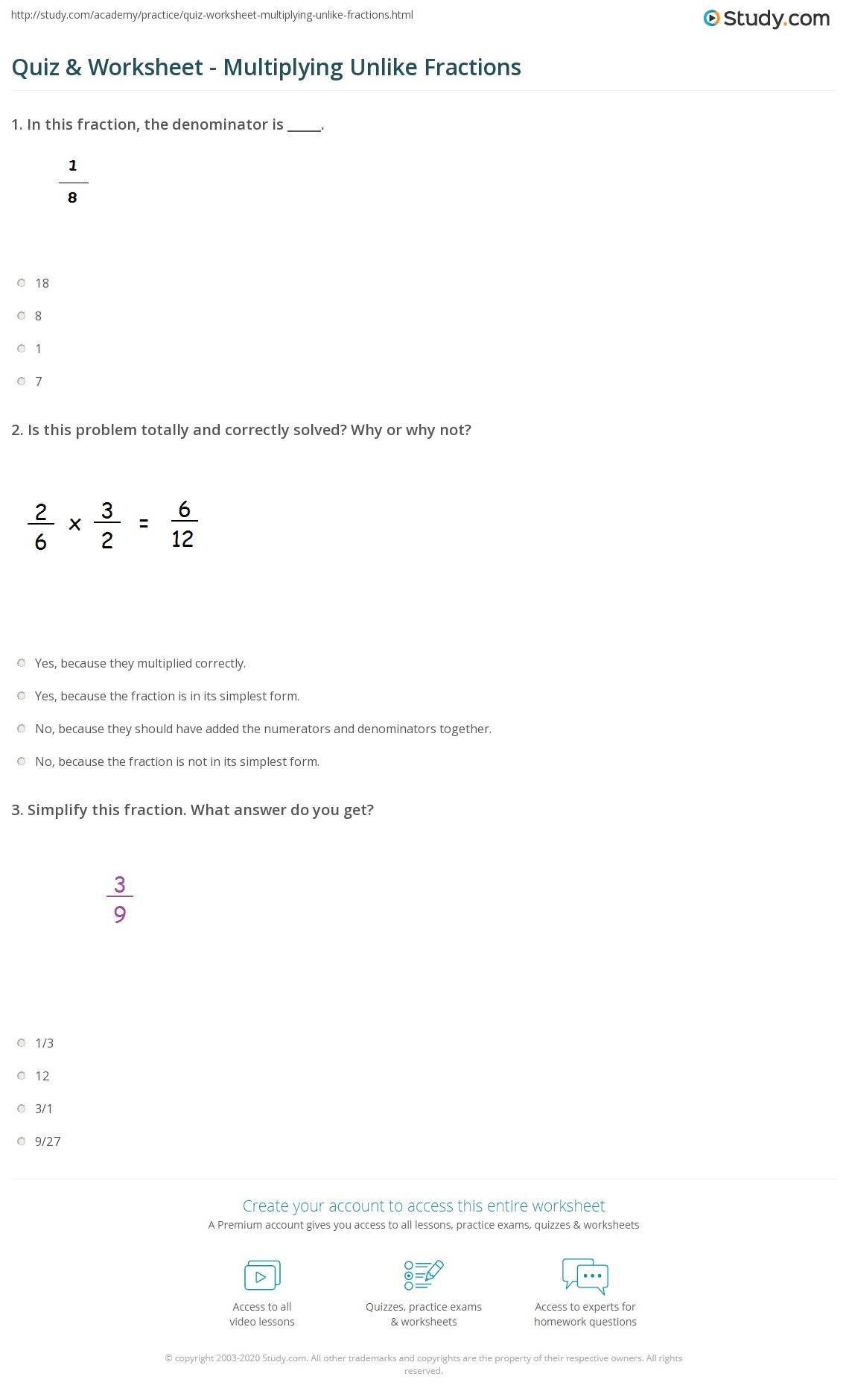 Quiz Worksheet Multiplying Unlike Fractions Study