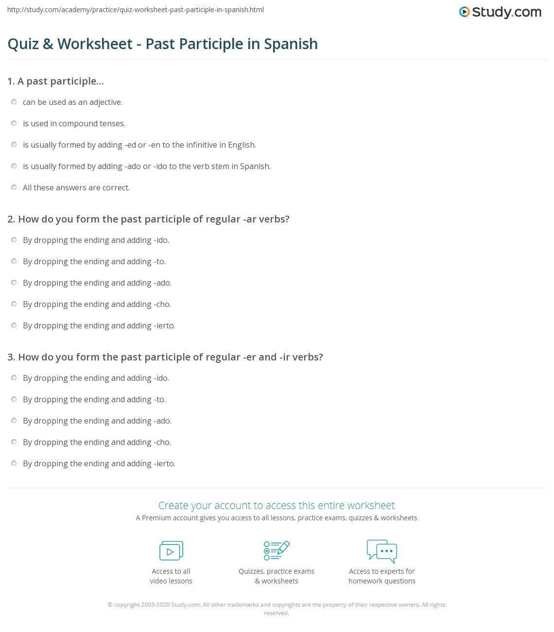 Quiz Worksheet Past Participle In Spanish Study Quiz Worksheet Past Participle In Spanish Study