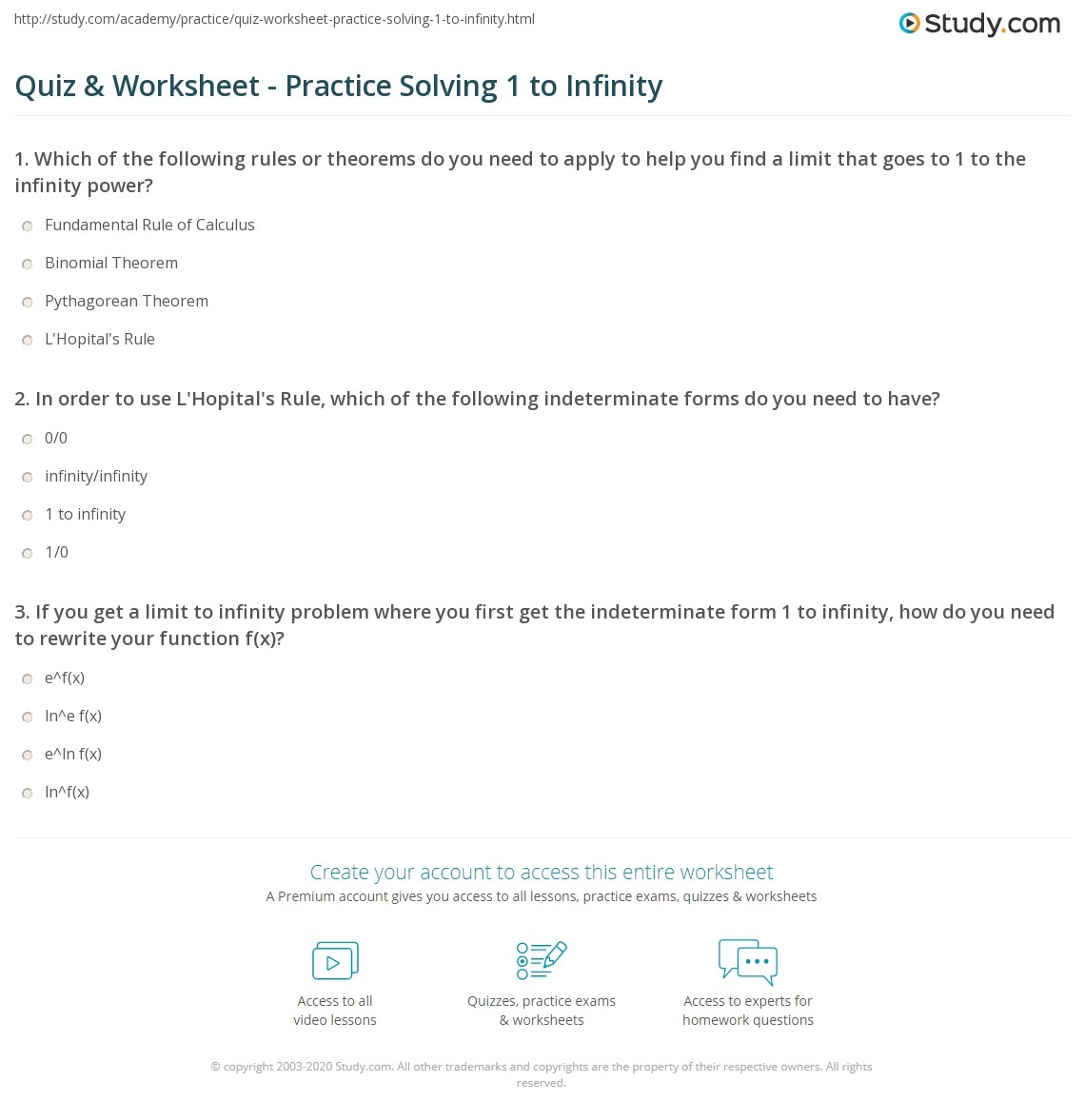 Quiz Worksheet Practice Solving 1 To Infinity Study