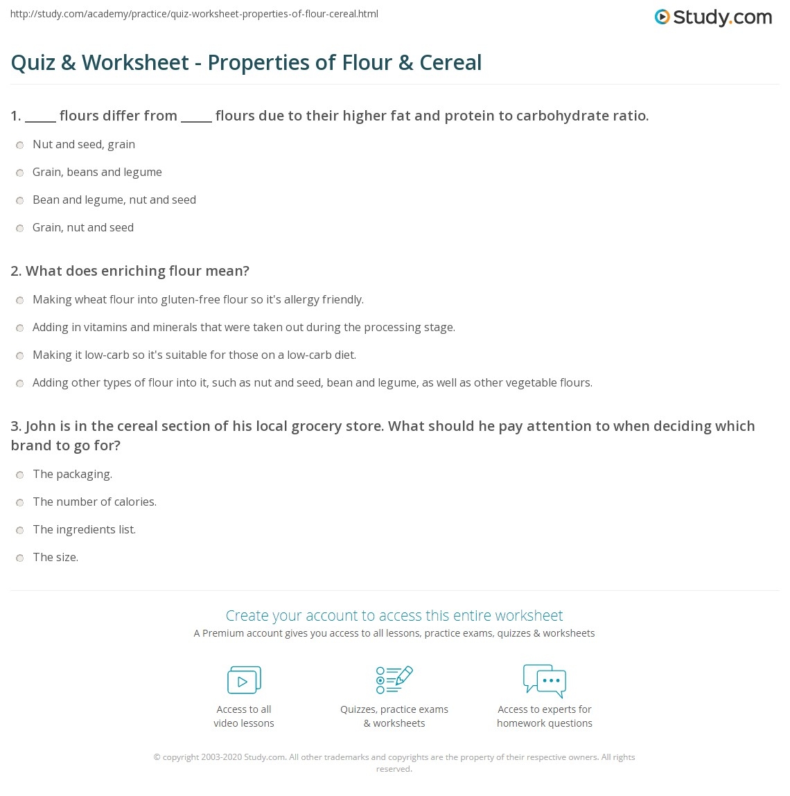 Quiz Worksheet Properties Of Flour Cereal Study