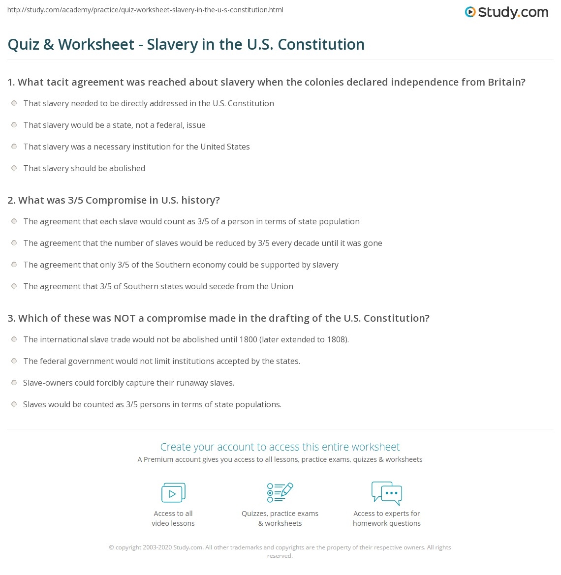 Quiz Worksheet Slavery In The U S Constitution Study
