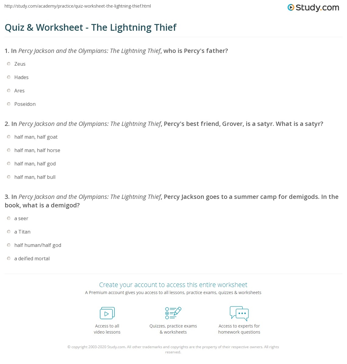 Quiz Worksheet The Lightning Thief Study