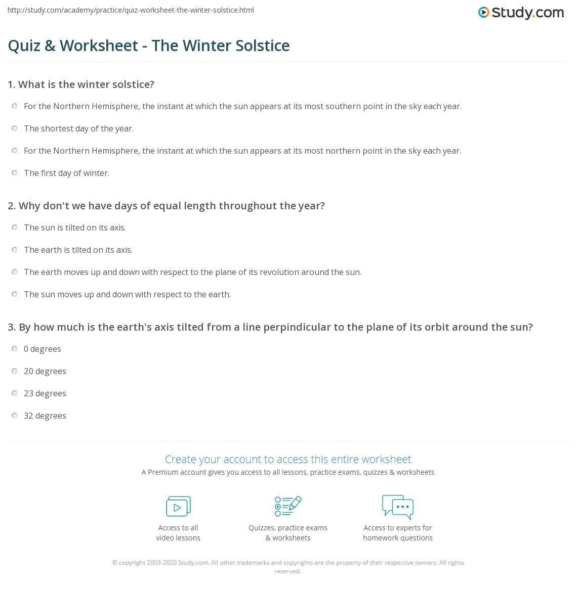 Quiz Worksheet The Winter Solstice Study