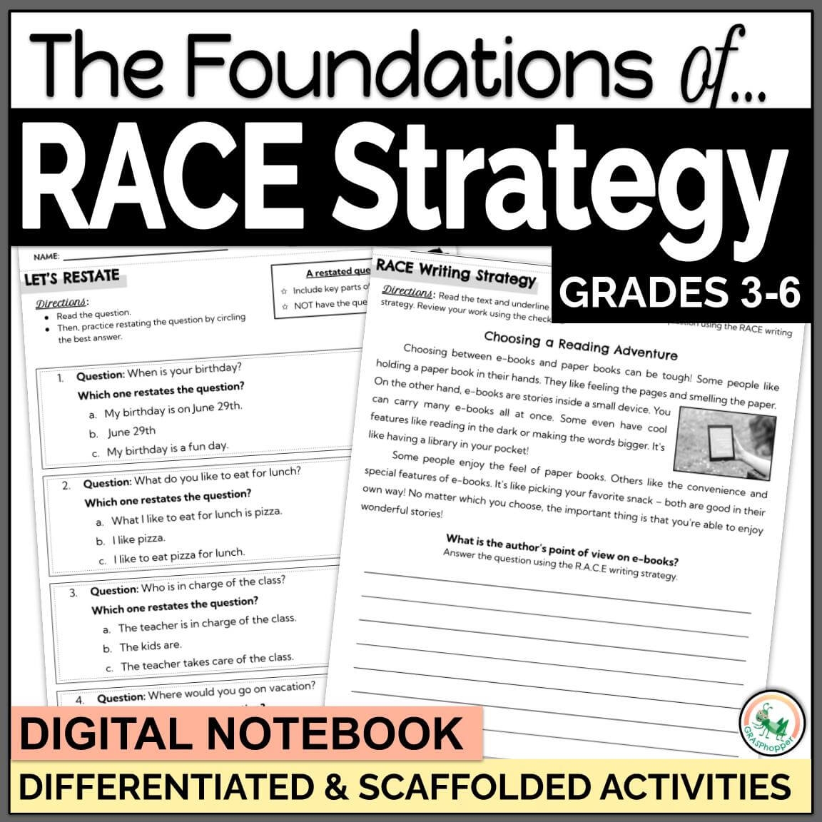 RACE Writing Strategy Foundations Anchor Charts Passages Activities GRASPhopper Learning RACE Writing Strategy Foundations Anchor Charts Passages Activities GRASPhopper Learning