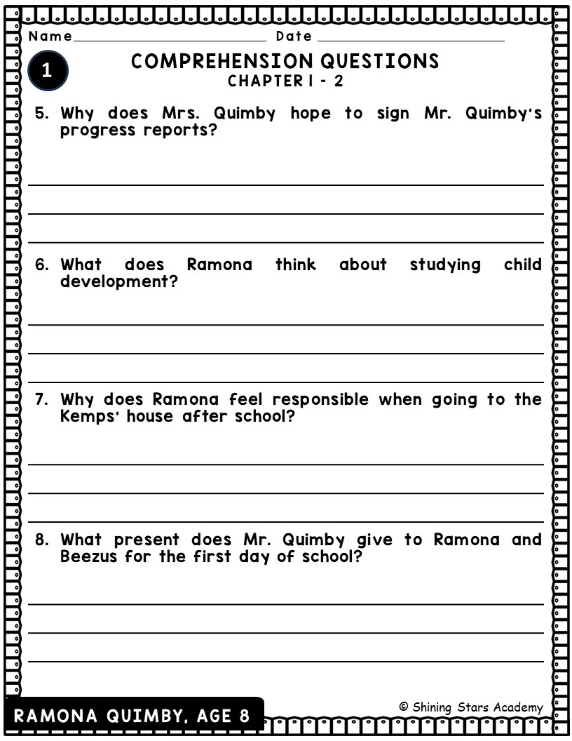 RAMONA QUIMBY AGE 8 Novel Study Comprehension Critical Thinking Vocab MCQs True Or False Writi Teaching Resources