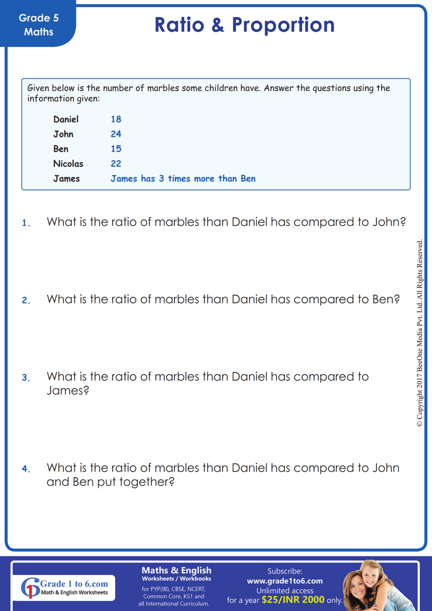 Ratio Word Problems Worksheet Grade1to6