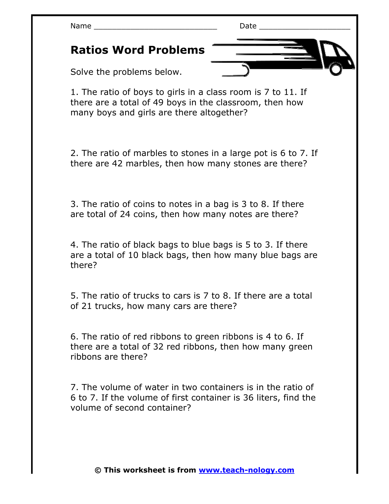 Ratios Word Problems Worksheet