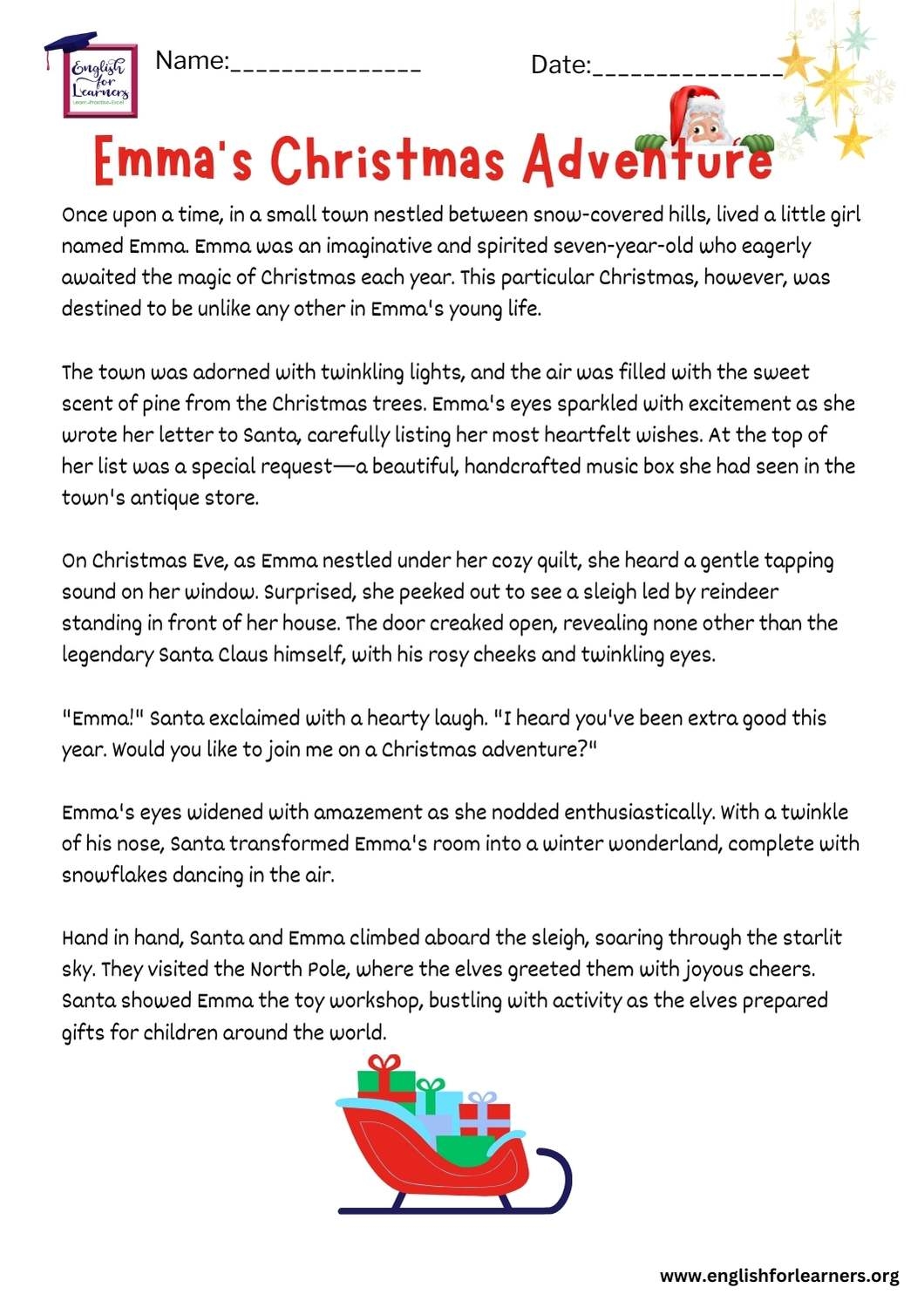 Reading Comprehension Christmas Story Emma S Christmas Adventure