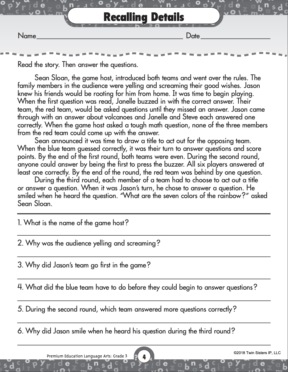 Reading Comprehension Language Arts Printable Workbook For Grade 3 By Teach Simple