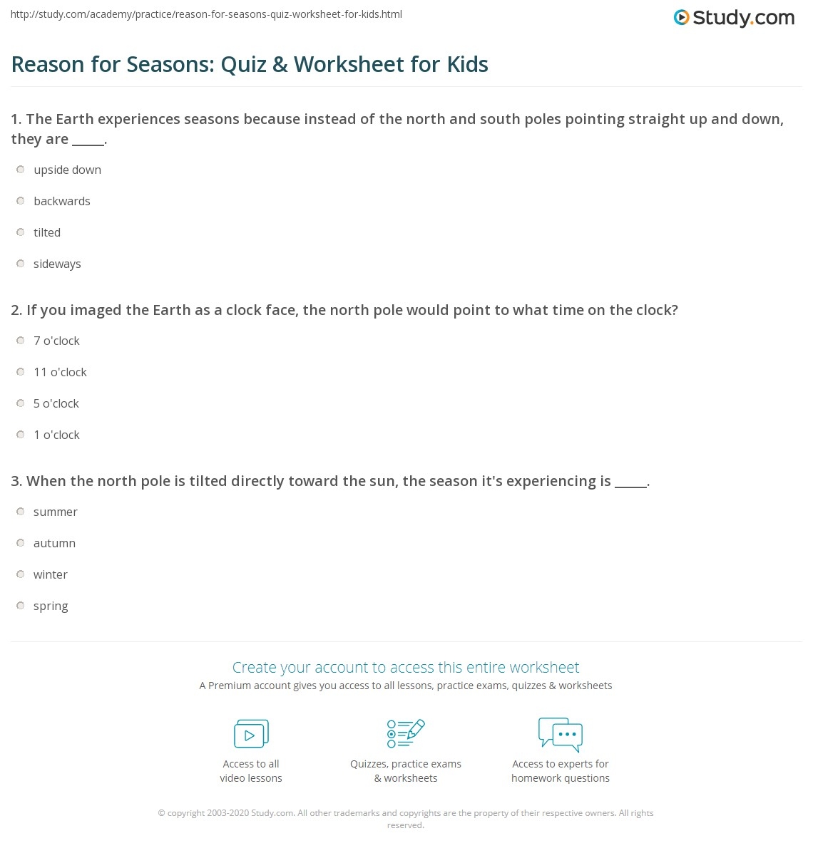 Reason For Seasons Quiz Worksheet For Kids Study