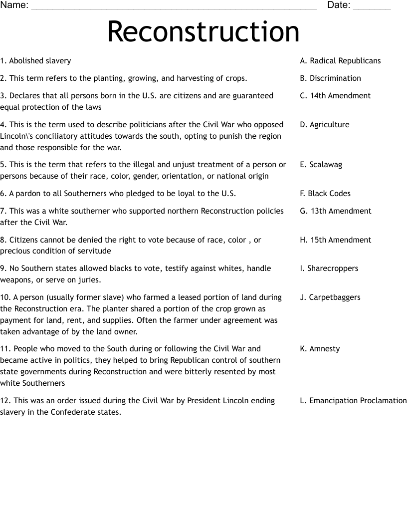 Reconstruction Worksheet WordMint