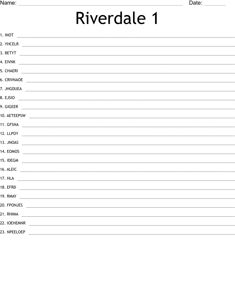 Riverdale 1 Word Scramble WordMint Riverdale 1 Word Scramble WordMint
