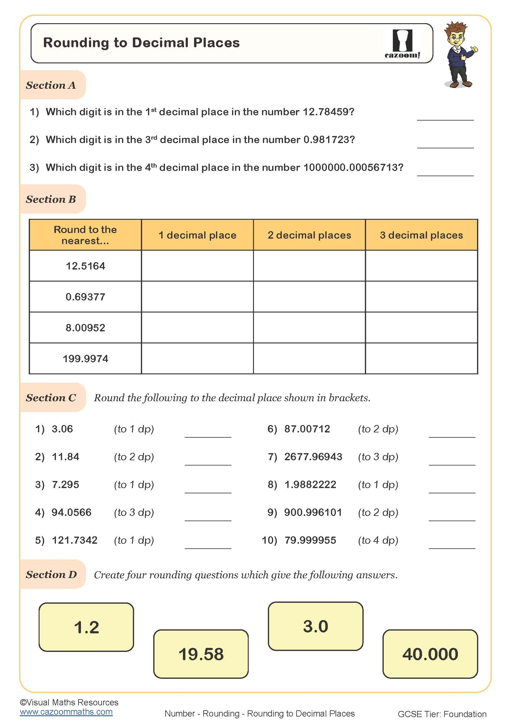 Rounding To Decimal Places Worksheet Printable Maths Worksheets