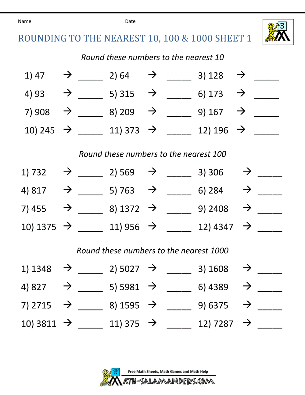 Rounding To The Nearest 1000 Worksheets