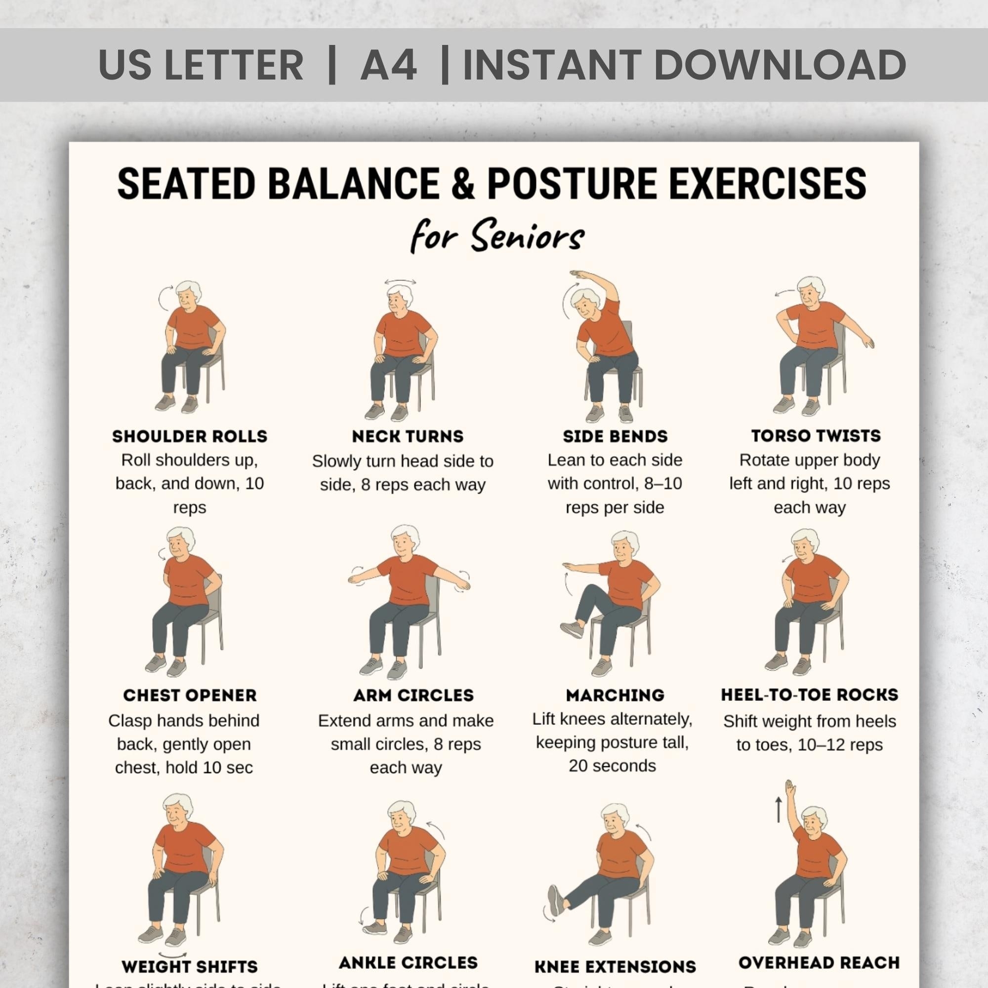 Seated Balance Posture Exercises For Seniors Printable PDF Chair Workout Routine Elderly Low Impact Home Exercise Chart Etsy