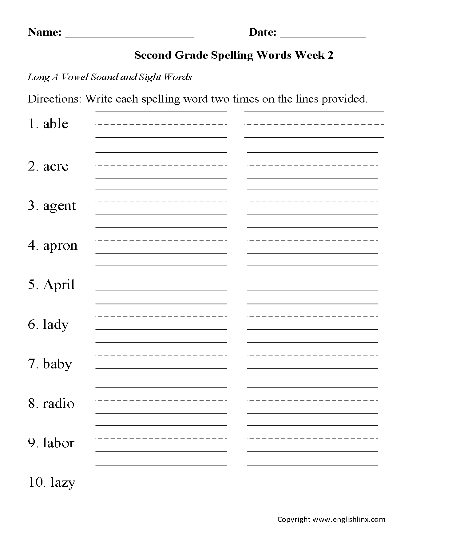Second Grade Spelling Worksheets Free Word Lists Printable Practice