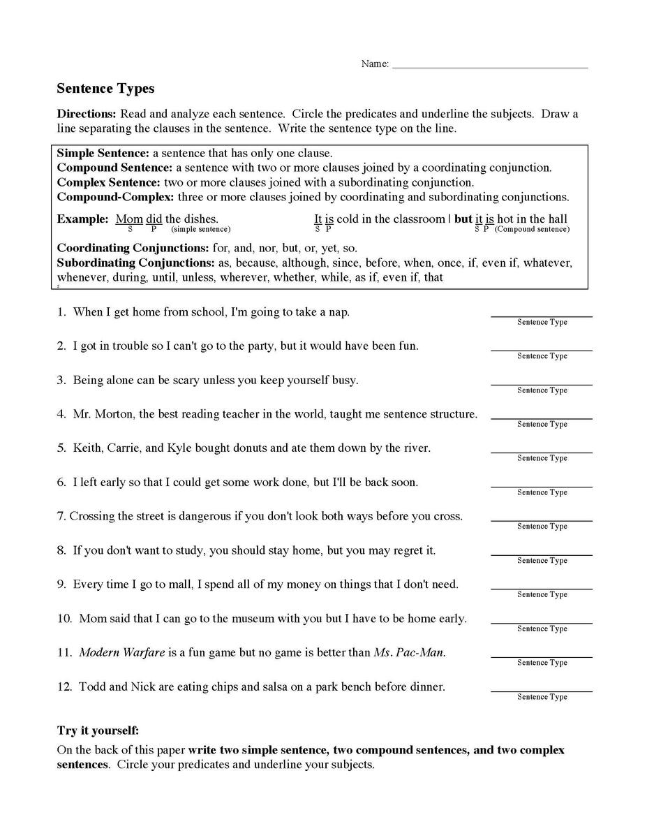 Sentence Types Worksheet Sentence Structure Activity