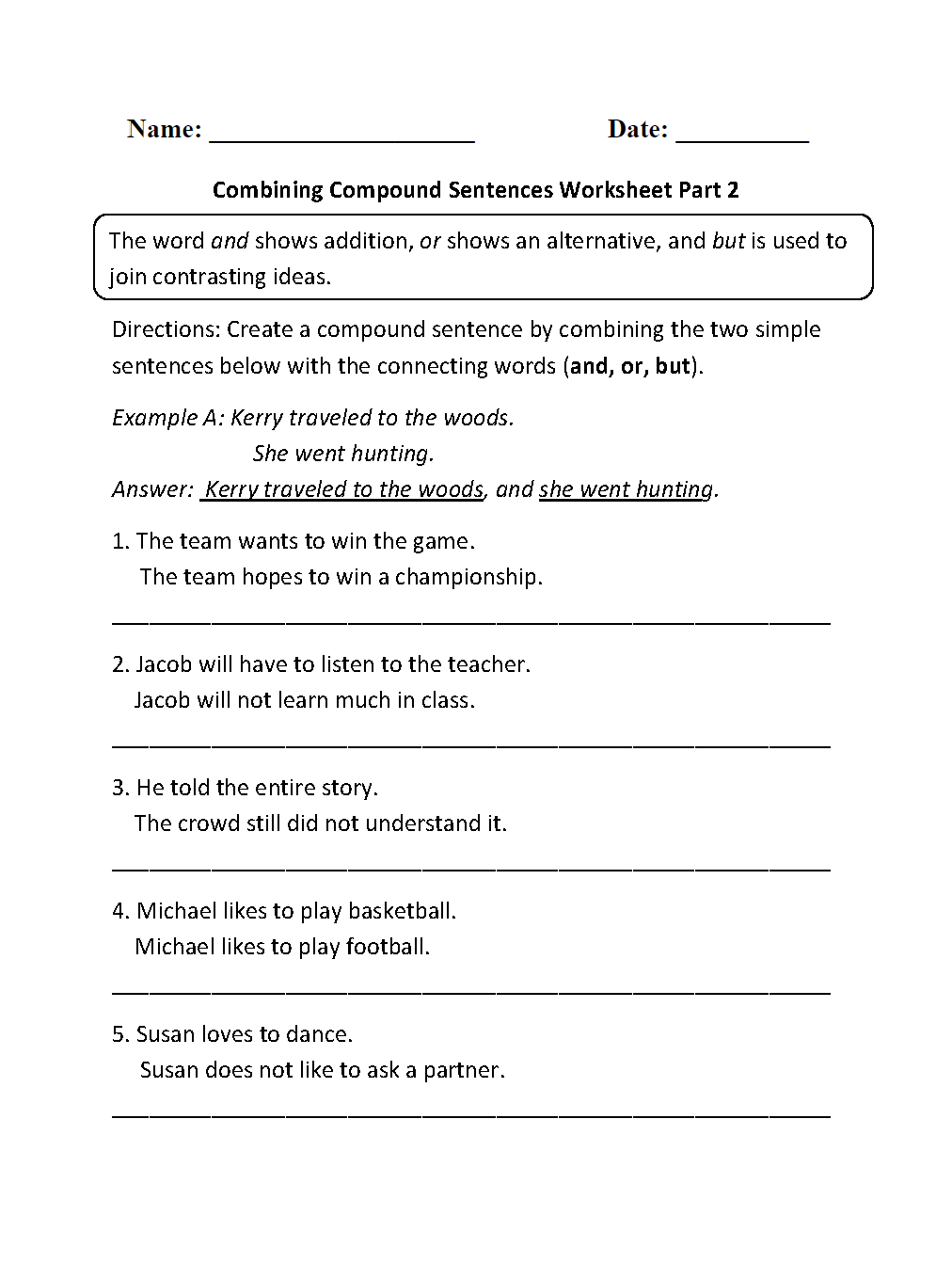 Compound Sentence Worksheet