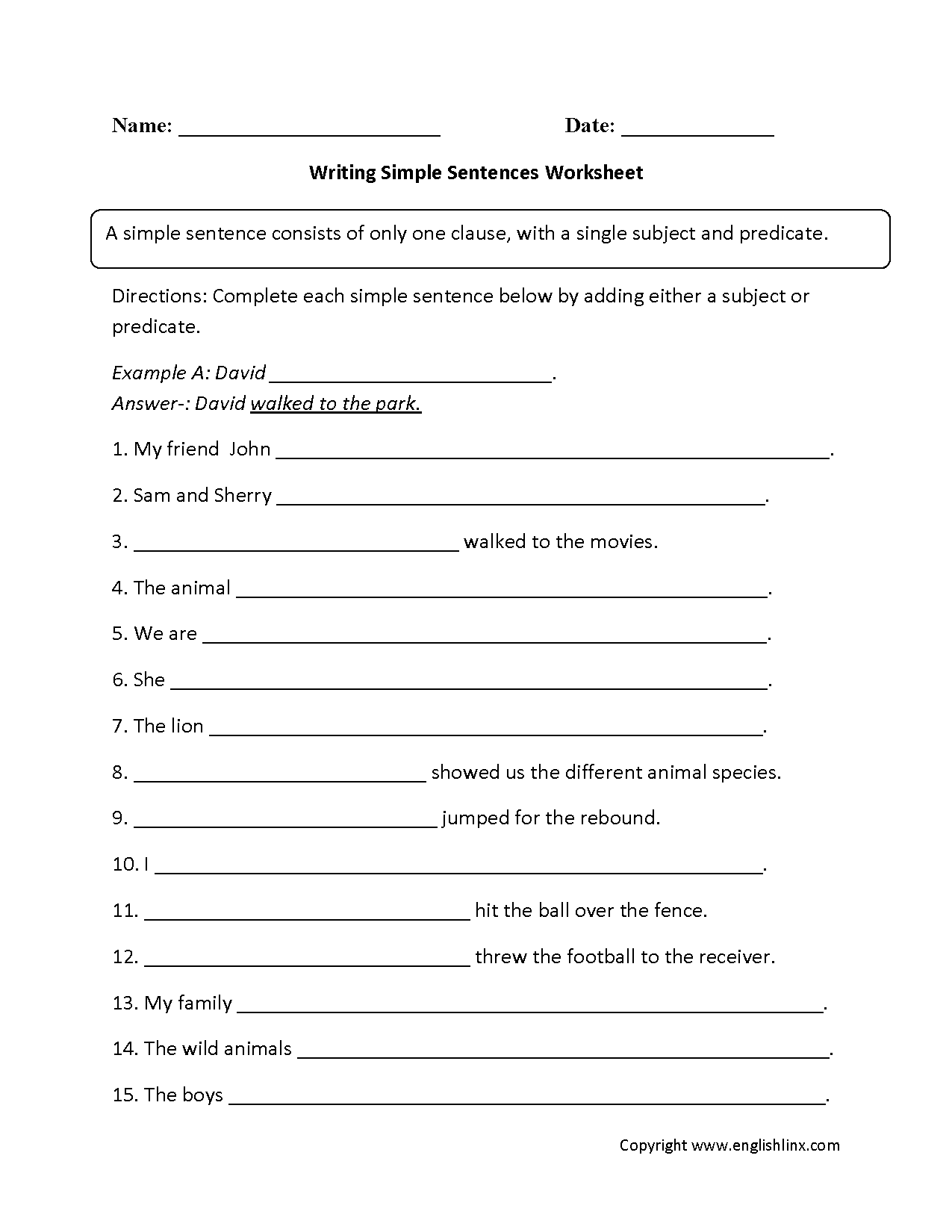 Sentences Worksheets Simple Sentences Worksheets