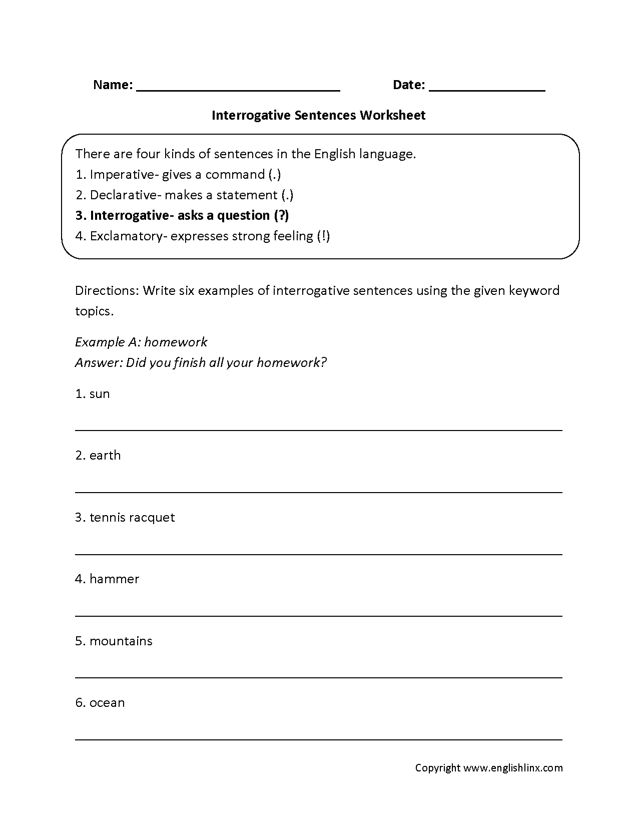 Sentences Worksheets Types Of Sentences Worksheets
