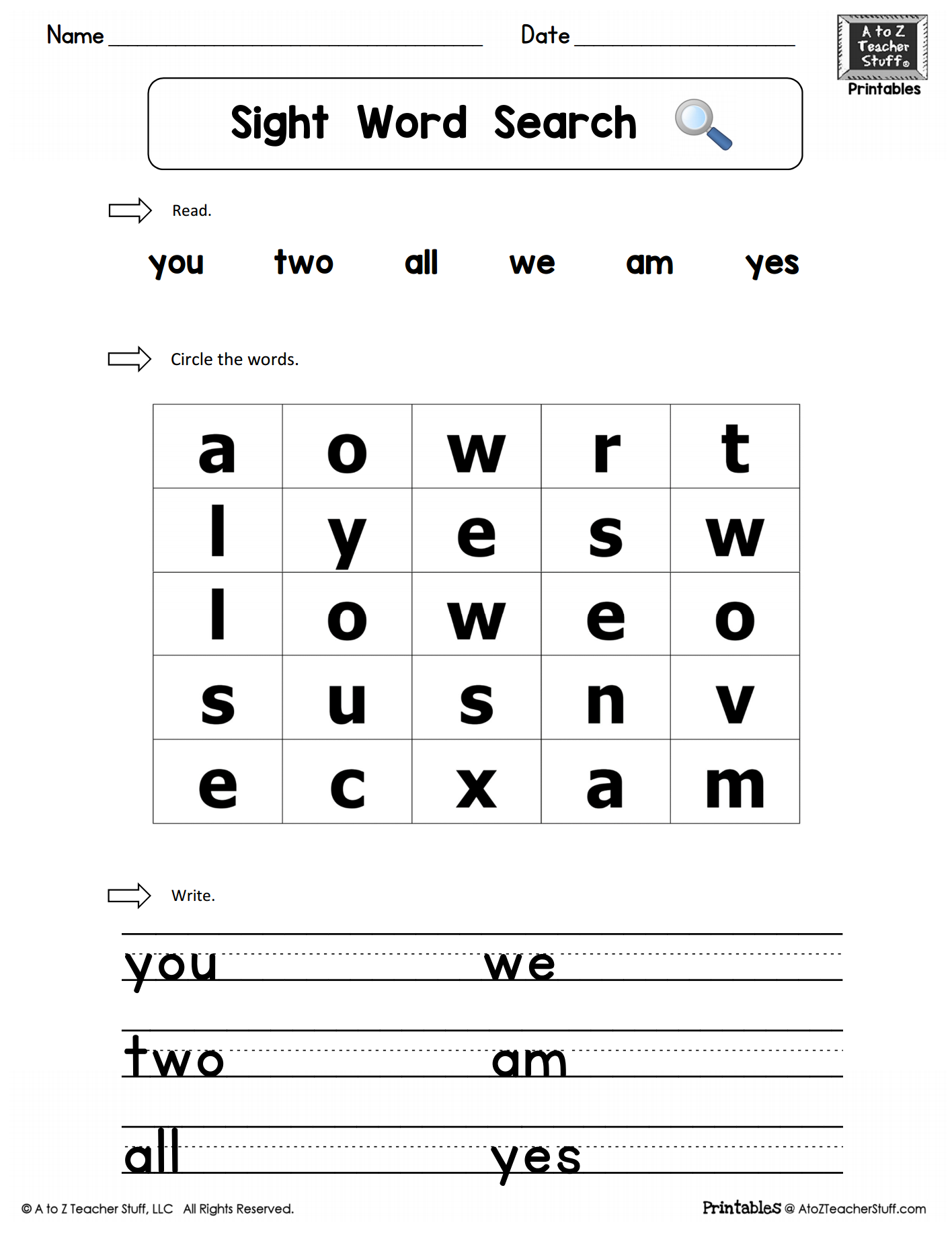 Sight Words Practice Word Search You Two We All Am Yes A To Z Teacher Stuff