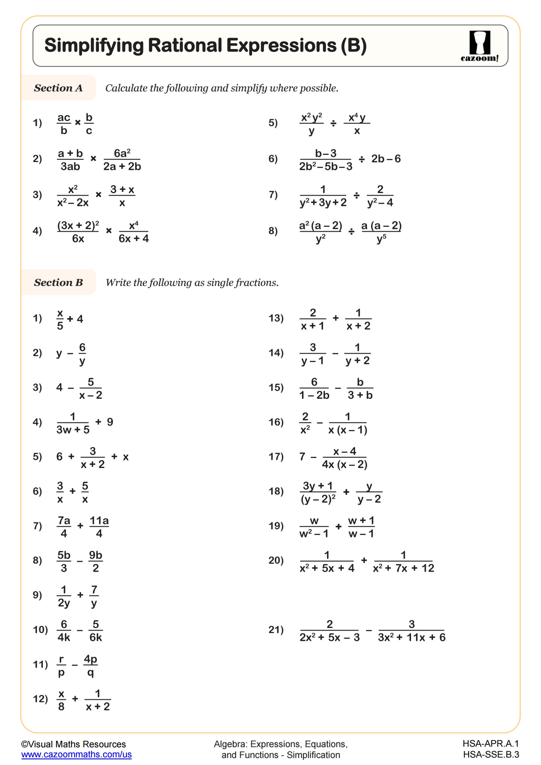 Simplifying Rational Expressions B Worksheet PDF Printable Algebra Worksheet Cazoom Math