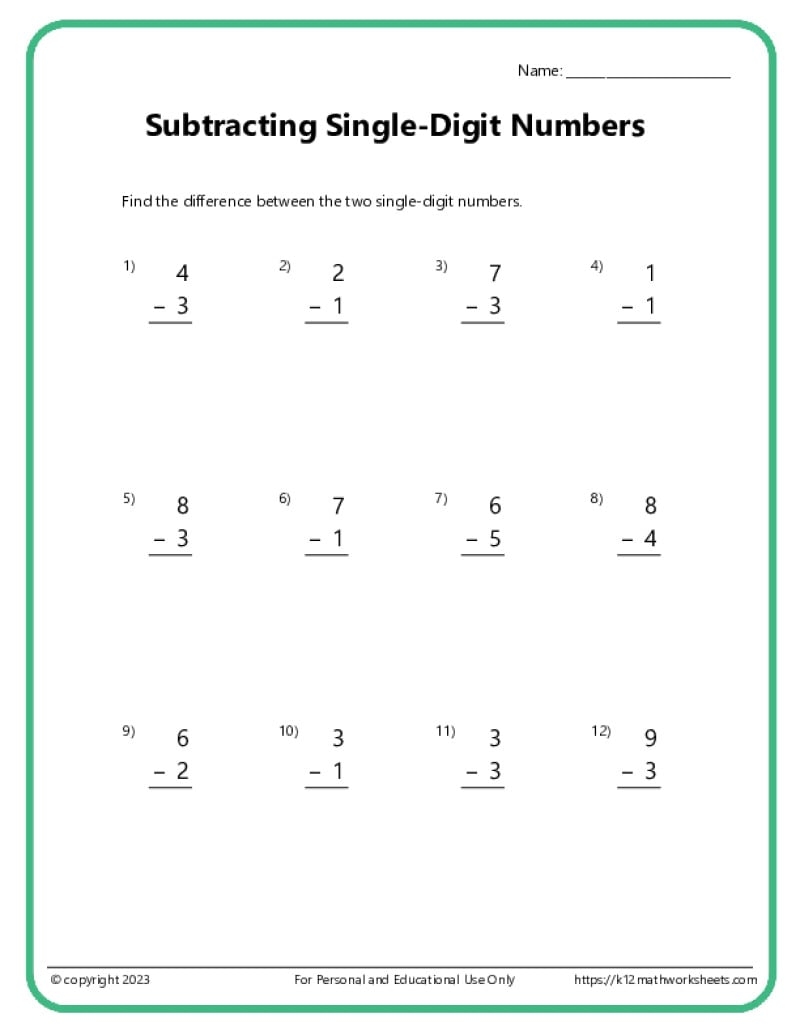 Printable Single Digit Subtraction 1 To 10 Number Math Worksheets For Grade 1 2 Made By Teachers