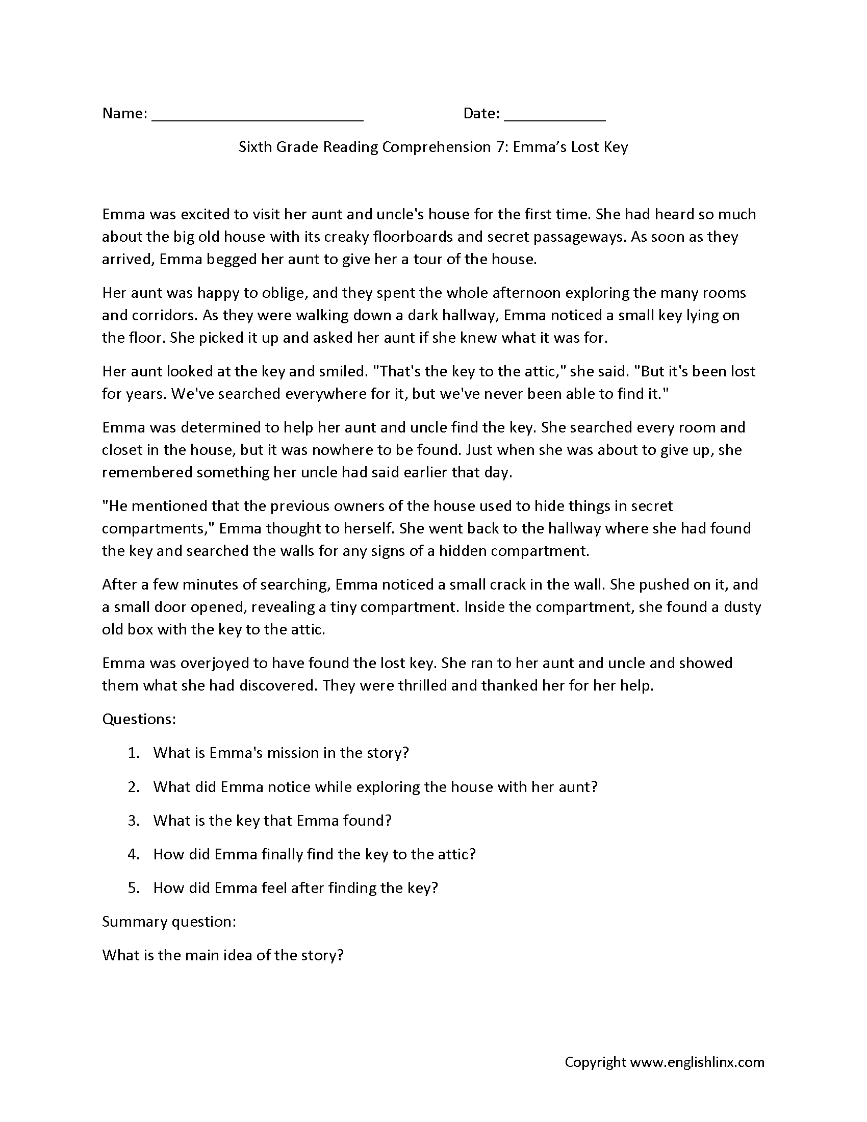 6th Grade Reading Comprehension Grade1to6