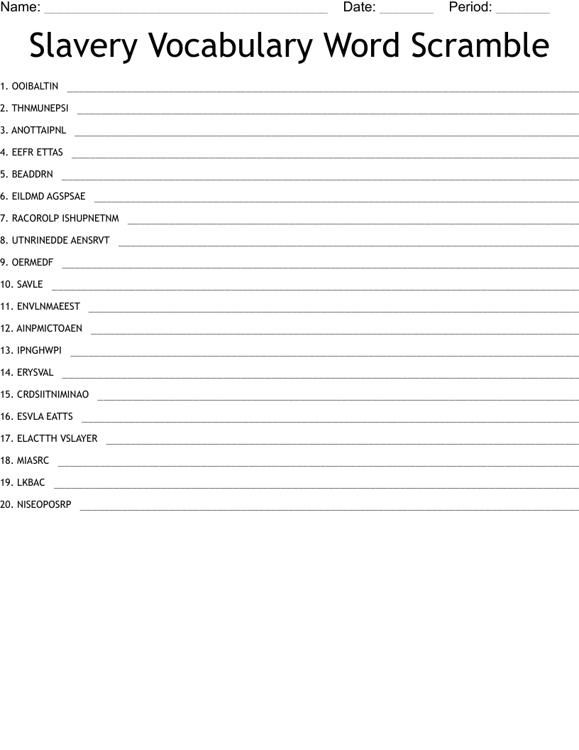 Slavery Vocabulary Word Scramble WordMint