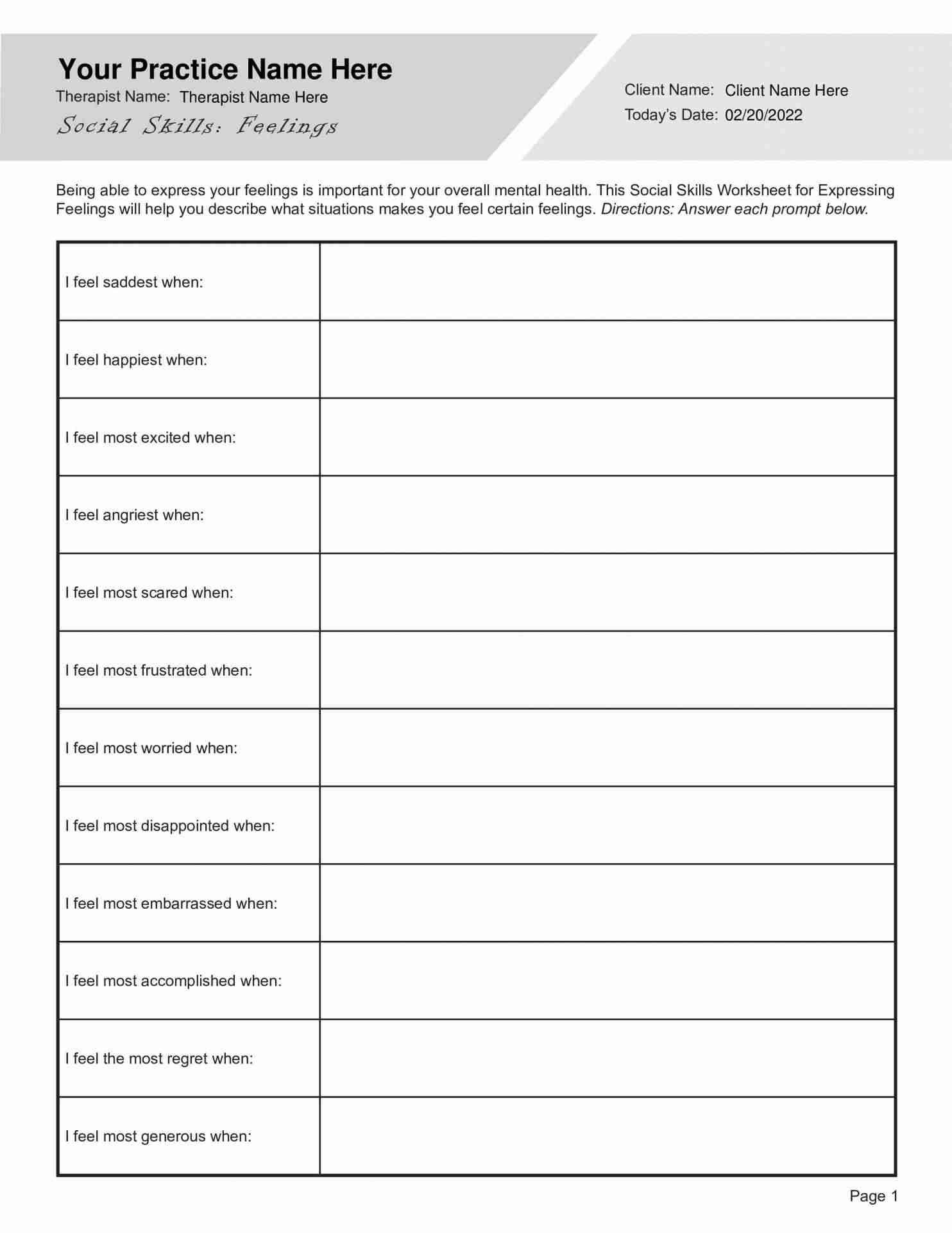 Social Skills Worksheet For Expressing Feelings TherapyByPro