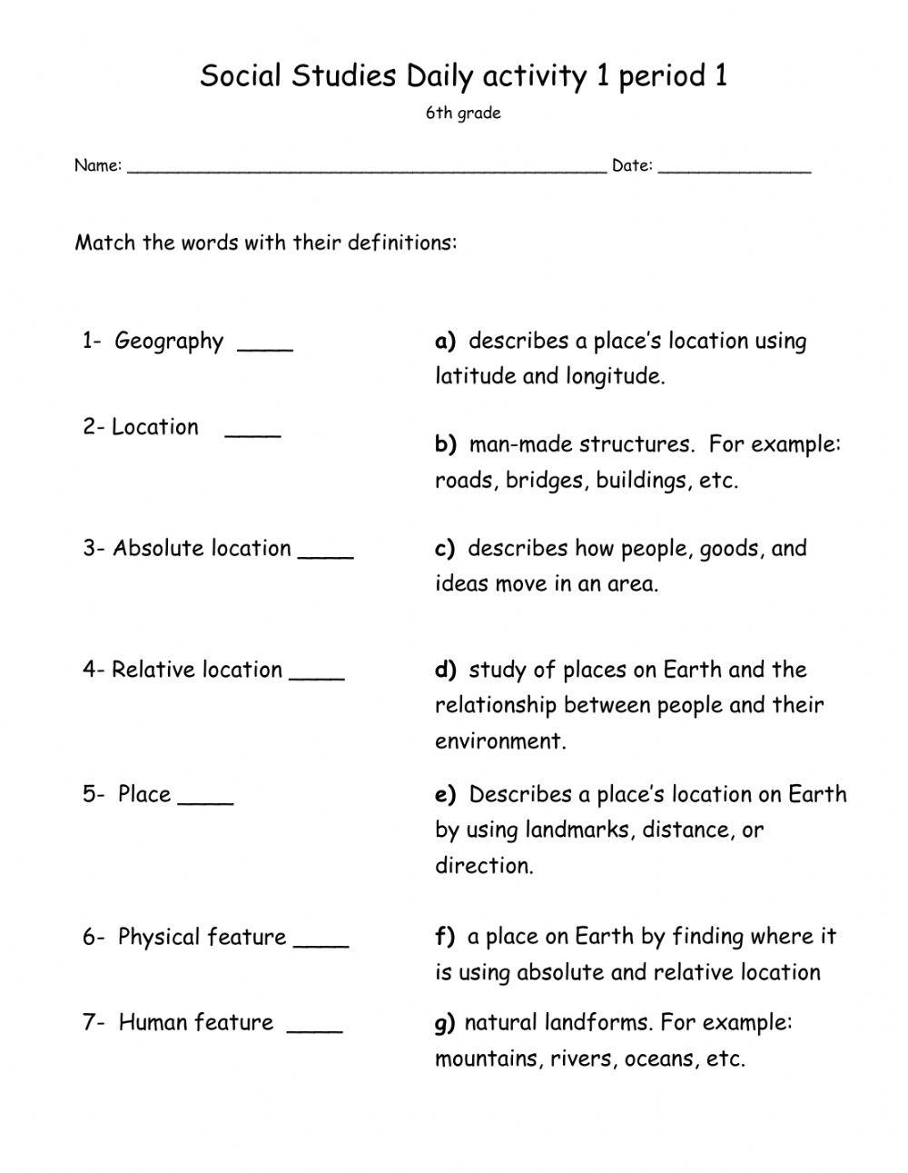 Social Studies Daily Activity 1 Period 1 Grade 6 Worksheet Worksheets Library Social Studies Daily Activity 1 Period 1 Grade 6 Worksheet Worksheets Library