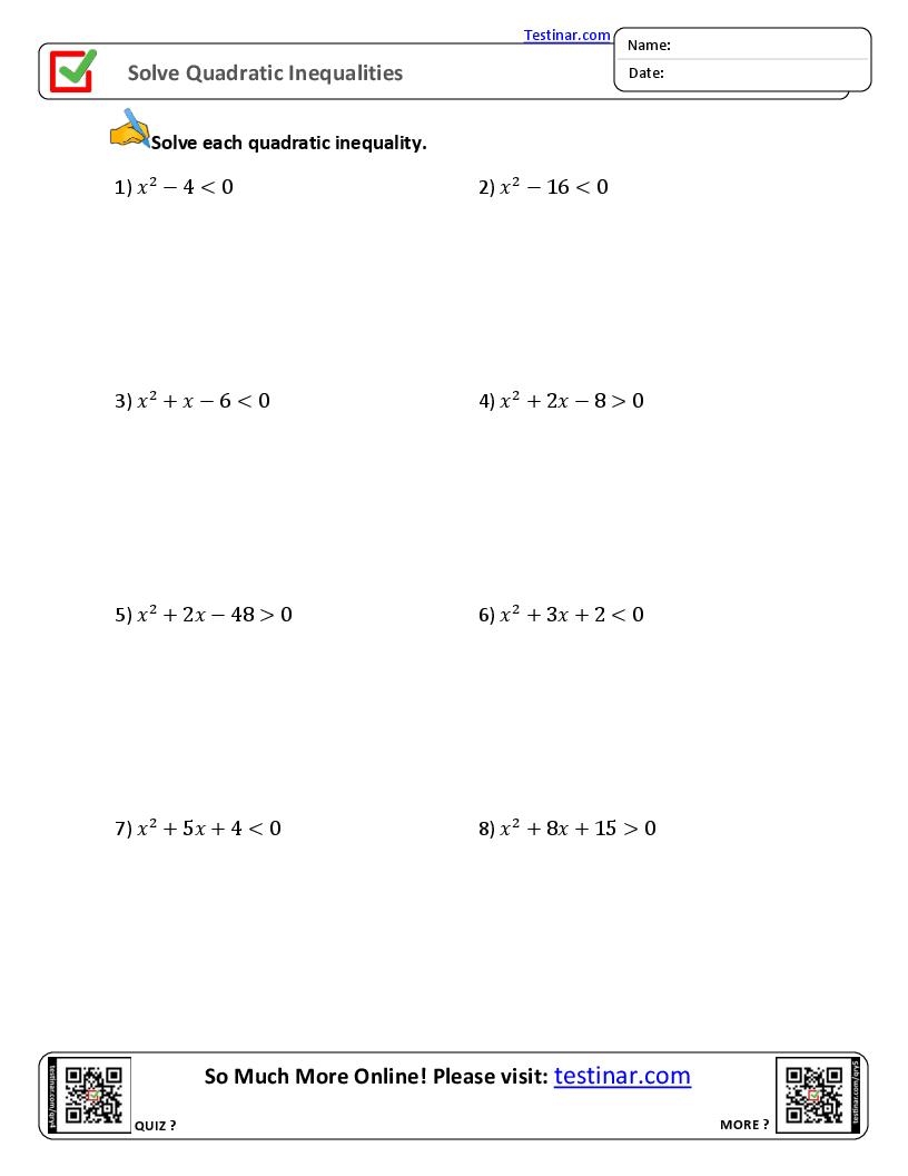 Solve Quadratic Inequalities Worksheets