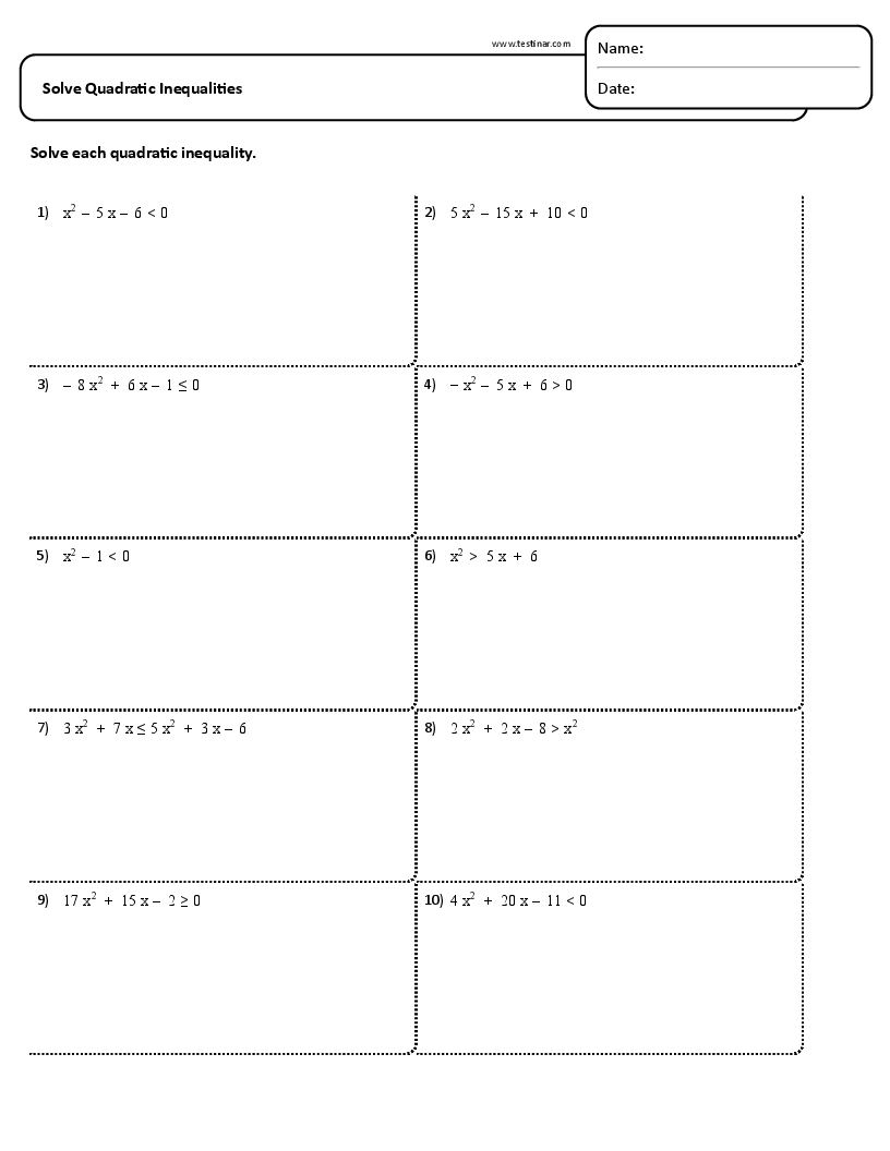 Solve Quadratic Inequalities Worksheets