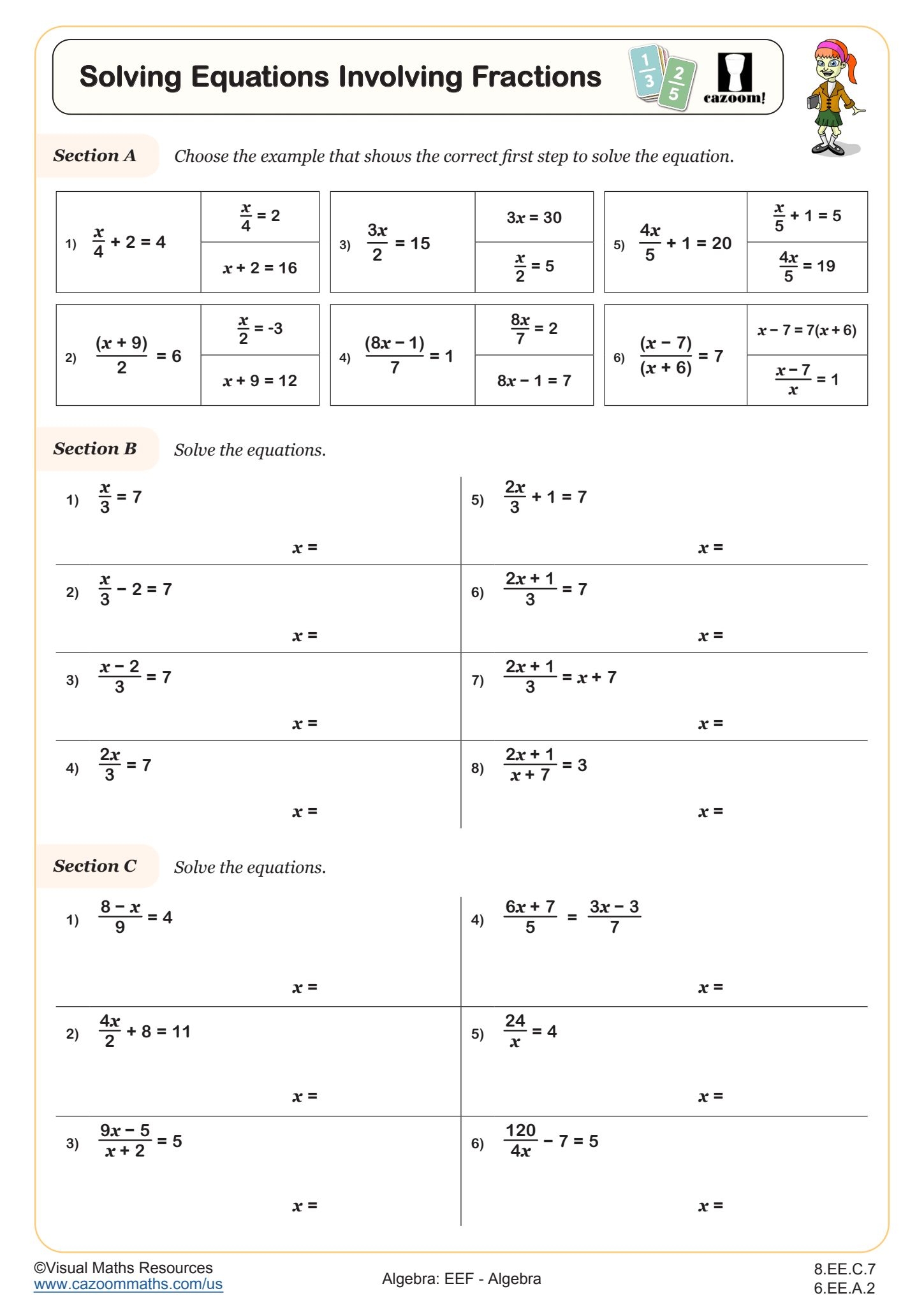 Solving Equations Involving Fractions Worksheet Fun And Engaging 6th Grade And 8th Grade Algebra EEF Worksheet Cazoom Math