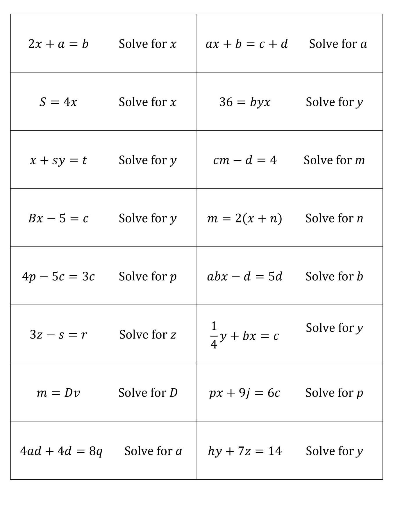 Solving Literal Equations Connect 4 Activity Student Approved FREE DOWNLOAD