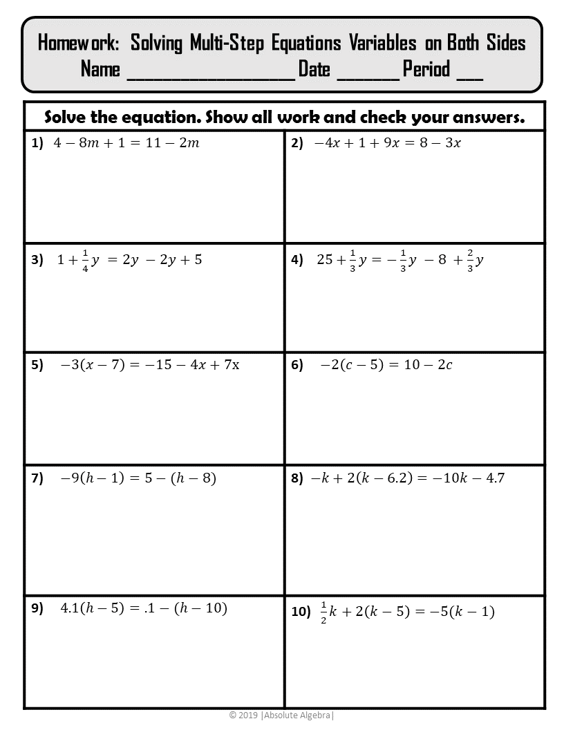 Variable On Both Sides Equations Worksheet Worksheets Library