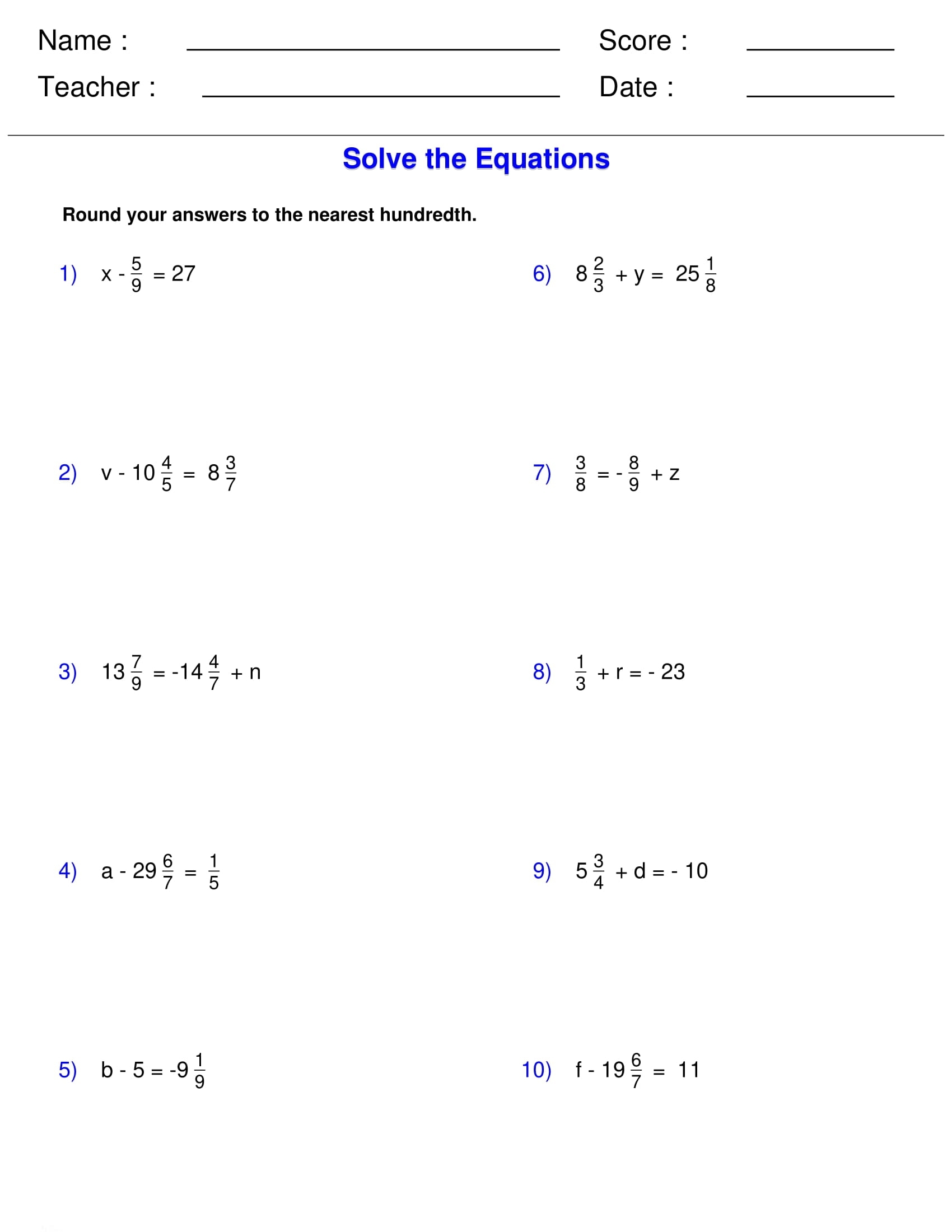 Solving One Step Equations With Fractions Worksheets Algebra Made By Teachers Variable Equations Worksheets
