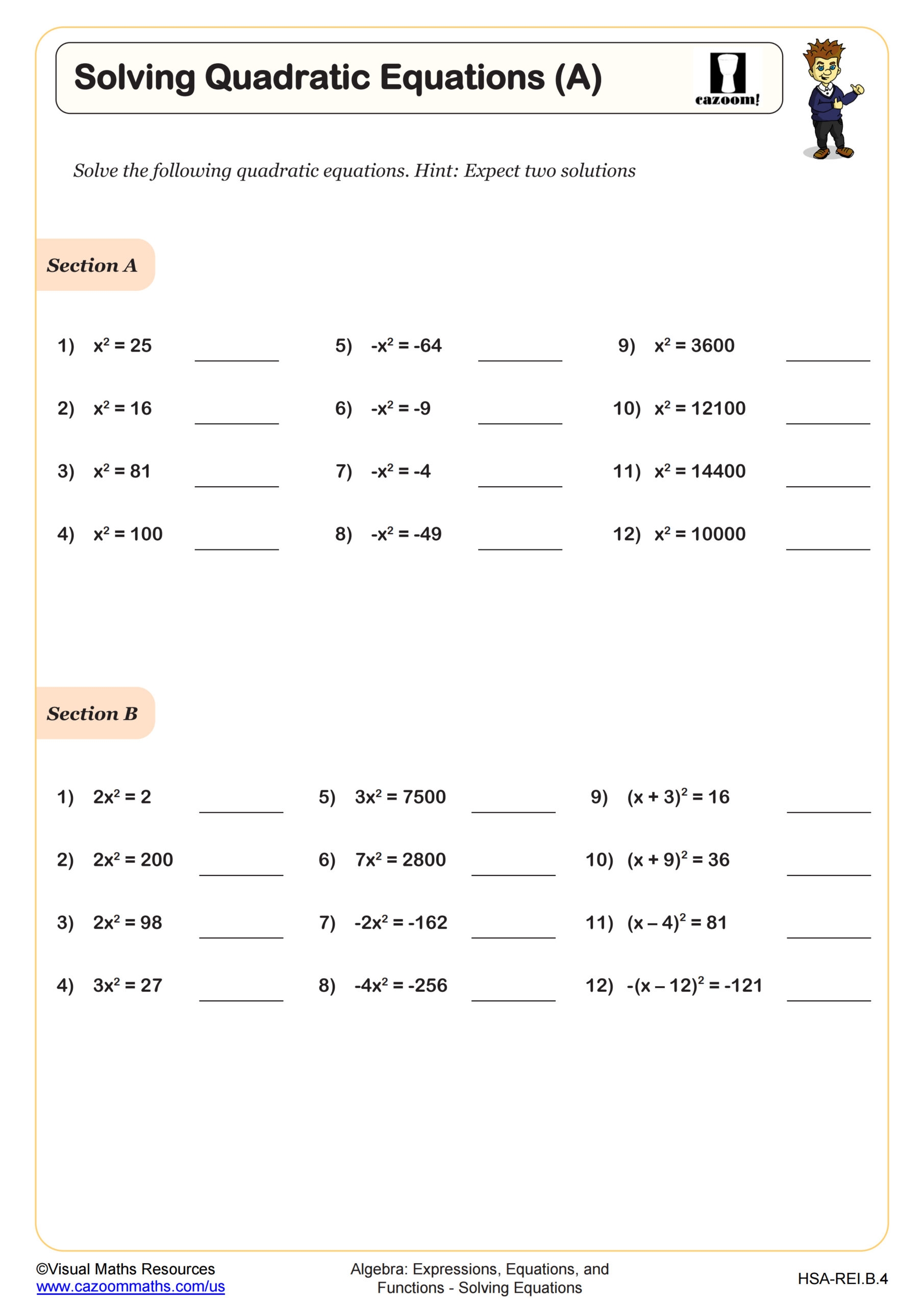 Solving Quadratic Equations C By Quadratic Formula Worksheet PDF Printable Algebra Worksheet Cazoom Math