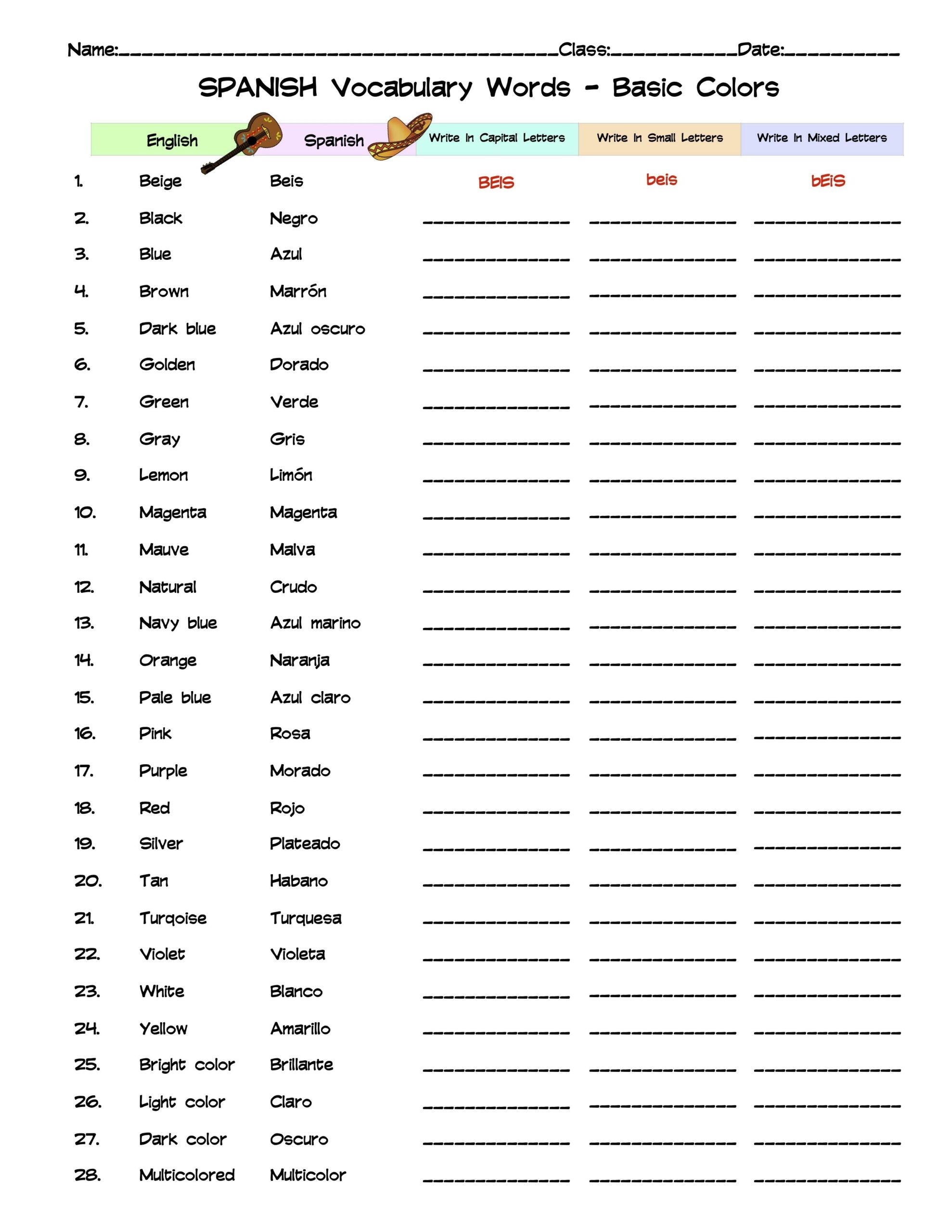 Spanish Basic Colors Vocabulary Word List Column Worksheet Made By Teachers