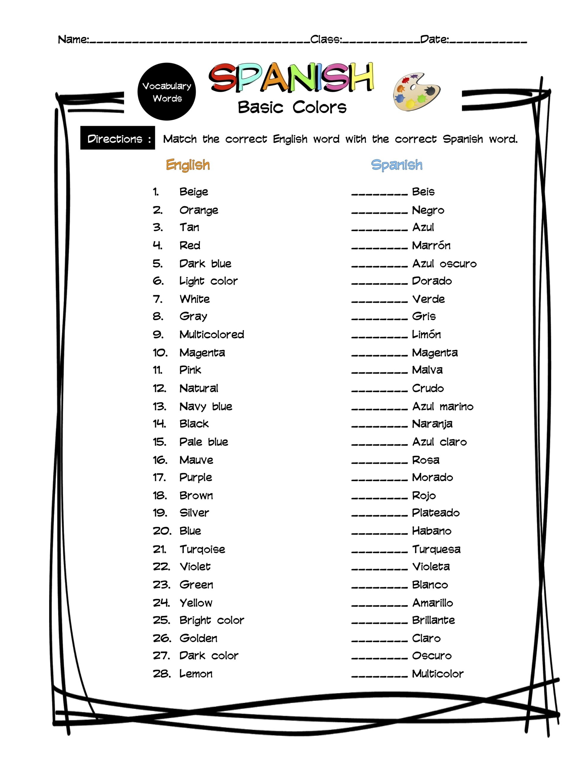 Spanish Colors Vocabulary Matching Worksheet Answer Key Made By Teachers