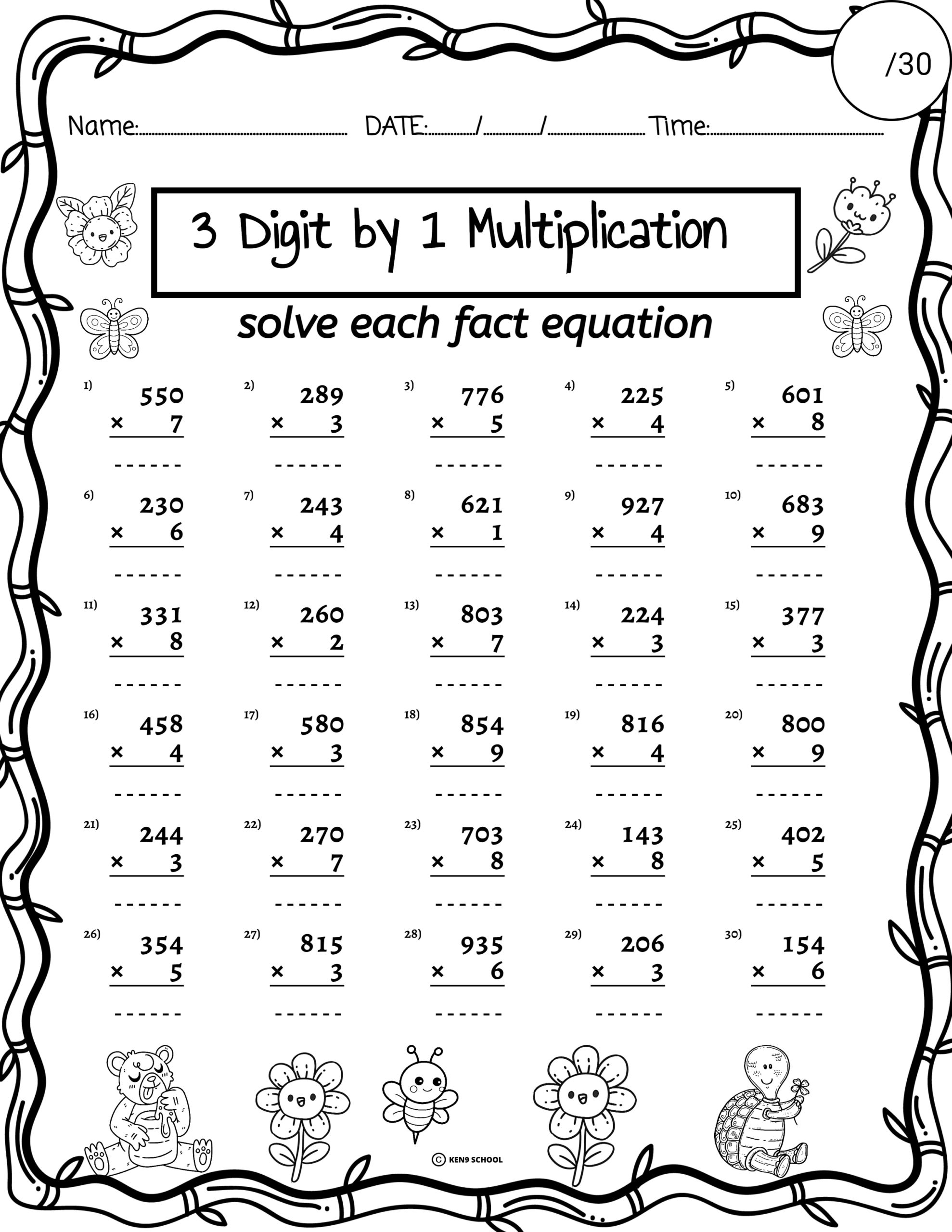 3 Digit By 1 Digit Multiplication Games Worksheets