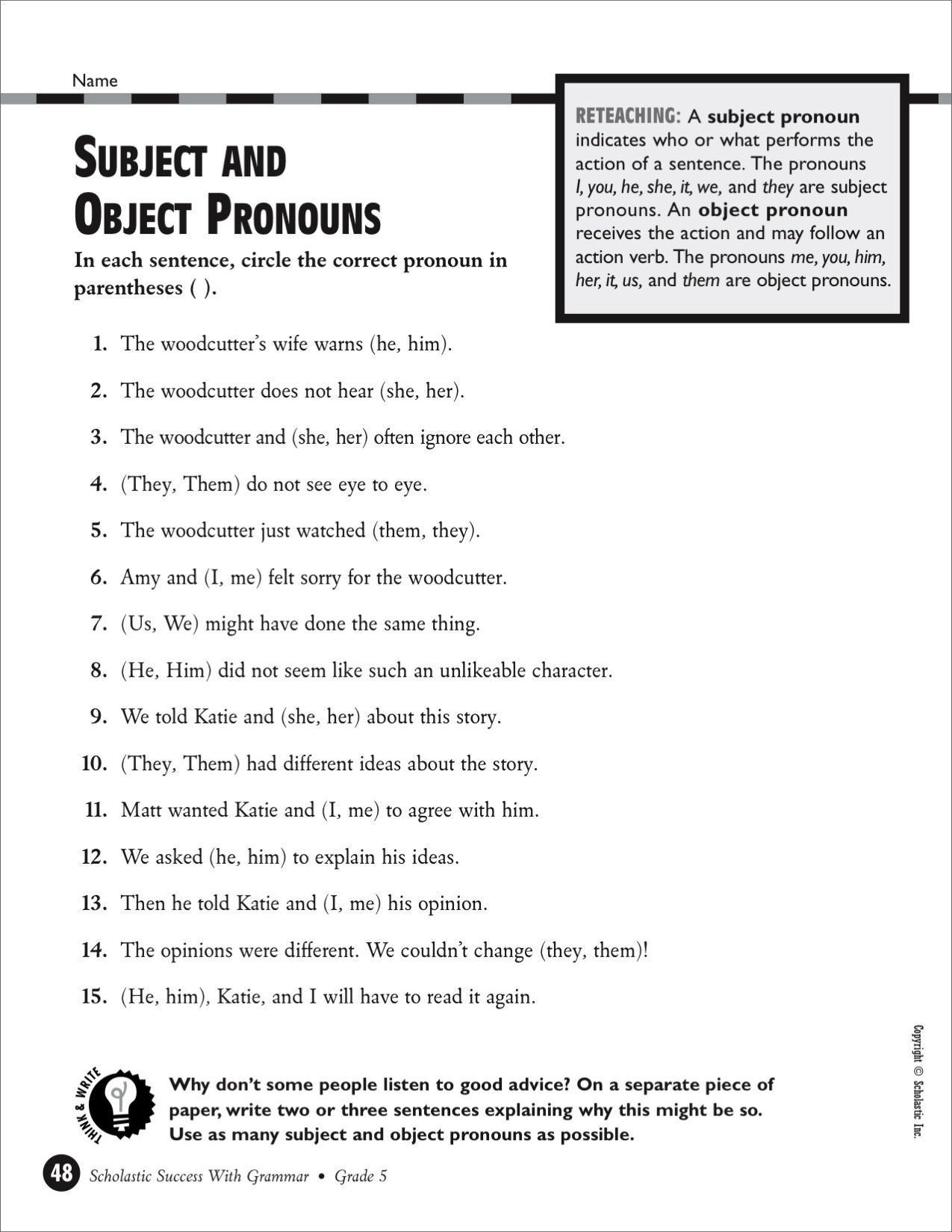 Subject And Object Pronouns Grade 5 Printables Pronoun Worksheets Library