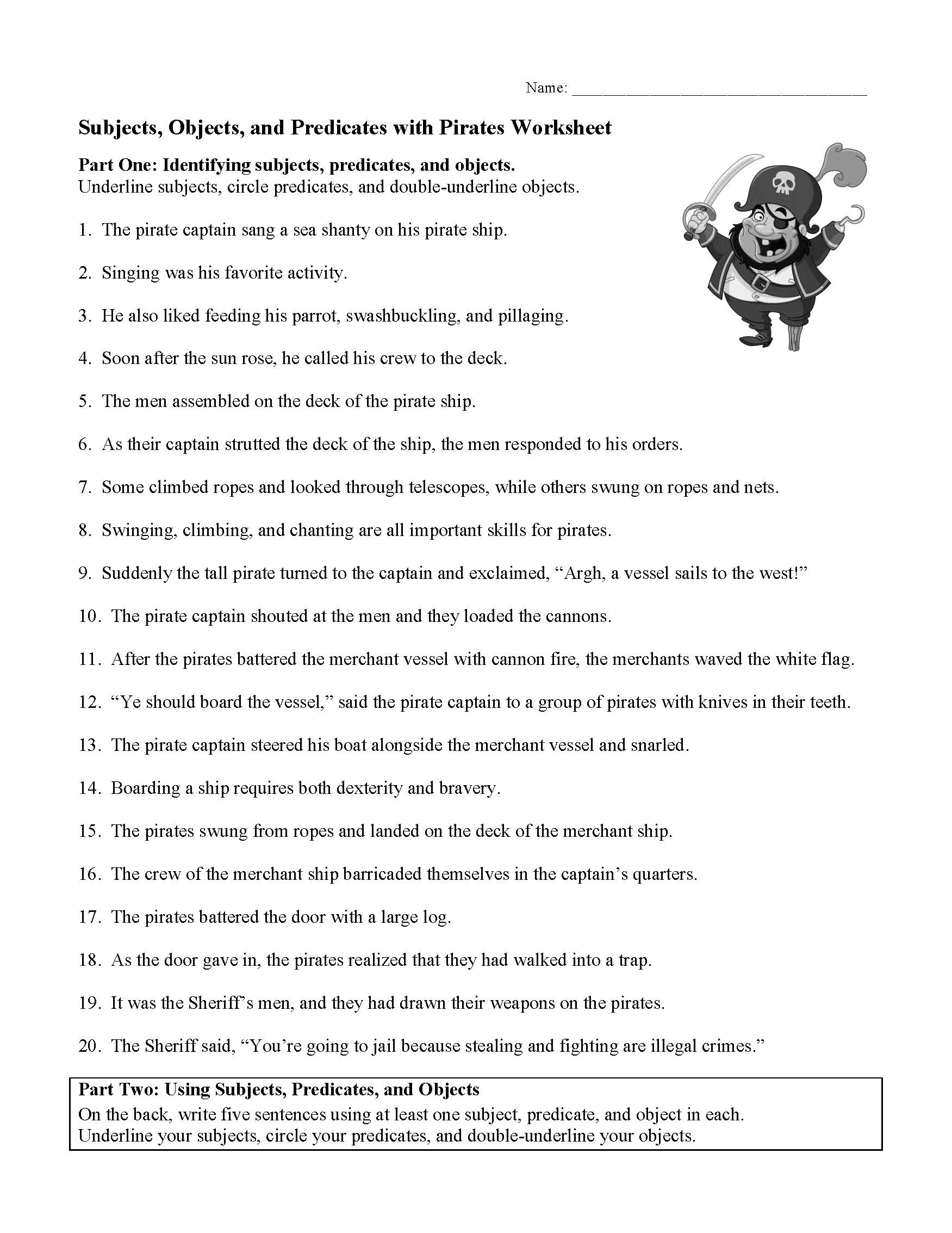 Subjects Objects And Predicates With Pirates Worksheet Sentence Structure Activity