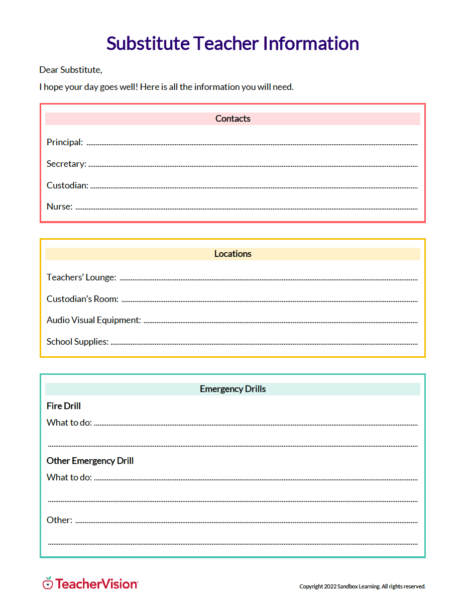 Substitute Teacher Plan Templates TeacherVision Page 12 Free Custom Printable Worksheets For Teachers Canva
