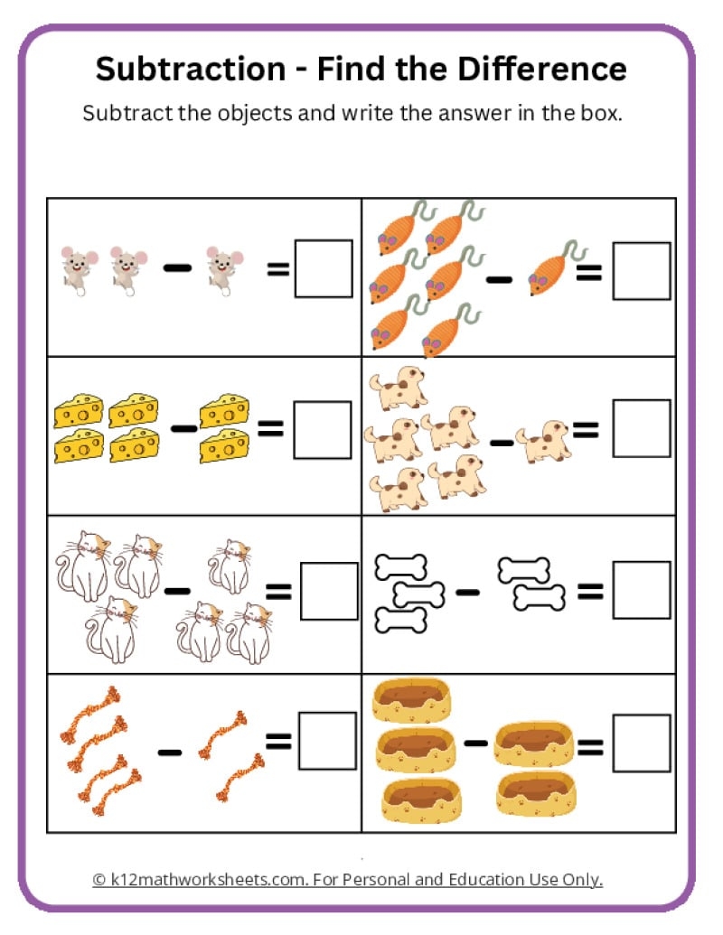 Subtraction Worksheets For Kindergarten