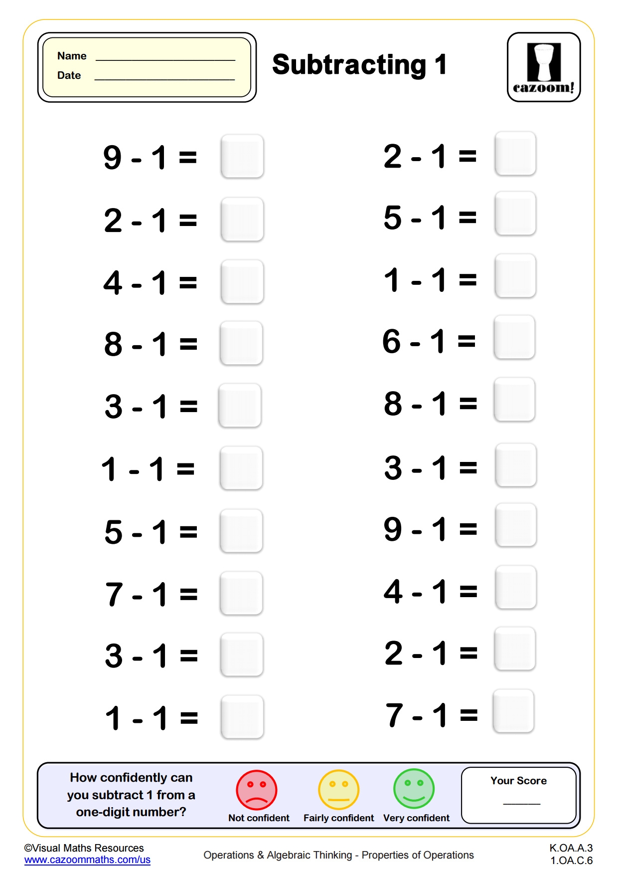 Subtracting 1 20 Questions Fun And Engaging K Grade PDF Worksheets Cazoom Math